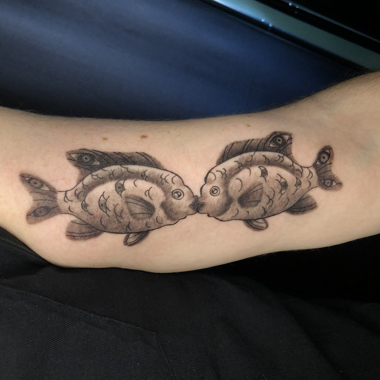 Kissing fish black and grey tattoo on the forearm by Rowan Lee