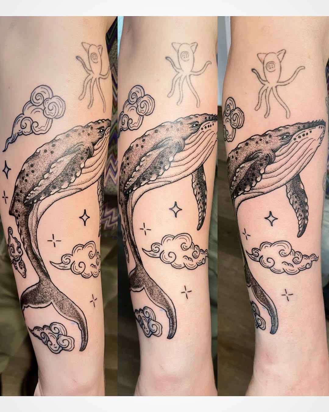 Humpback whale and clouds fine line tattoo on the forearm by Shay Cole