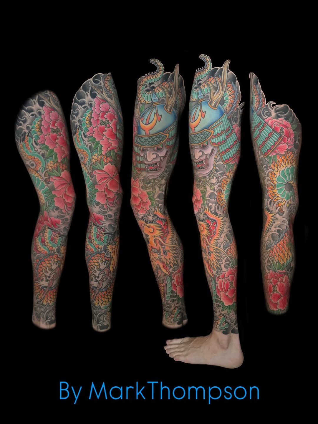 Samurai helmet, dragon, and peonies Japanese tattoo on the leg by Mark Thompson, Dallas, Texas