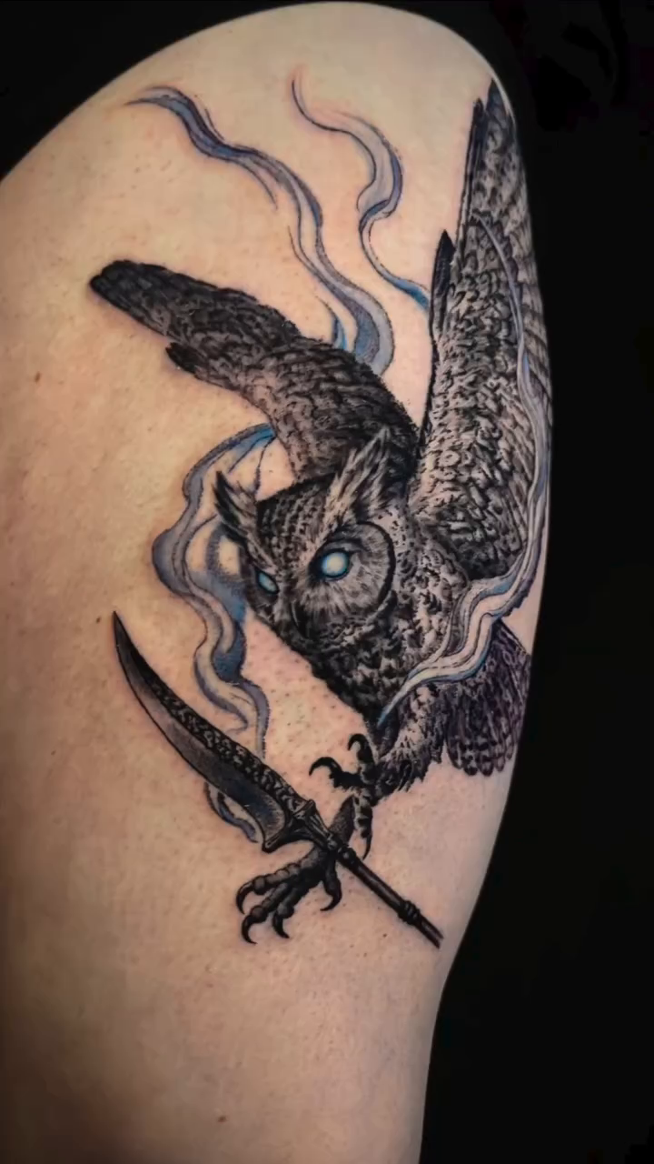 Owl with dagger realism tattoo by Jessica Sheahan