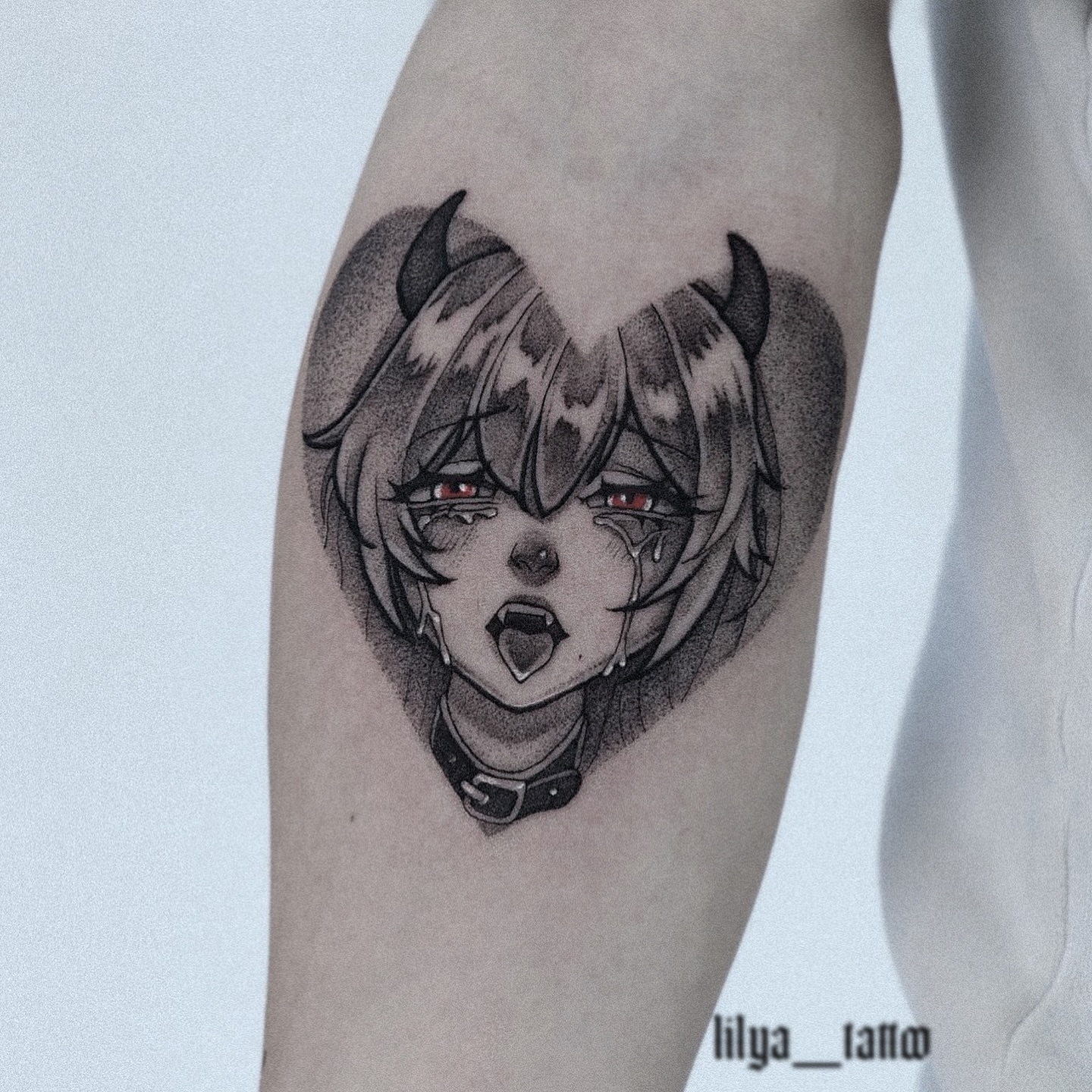 Anime character dotwork tattoo on the forearm by ✧ ʟɪʟʏᴀ