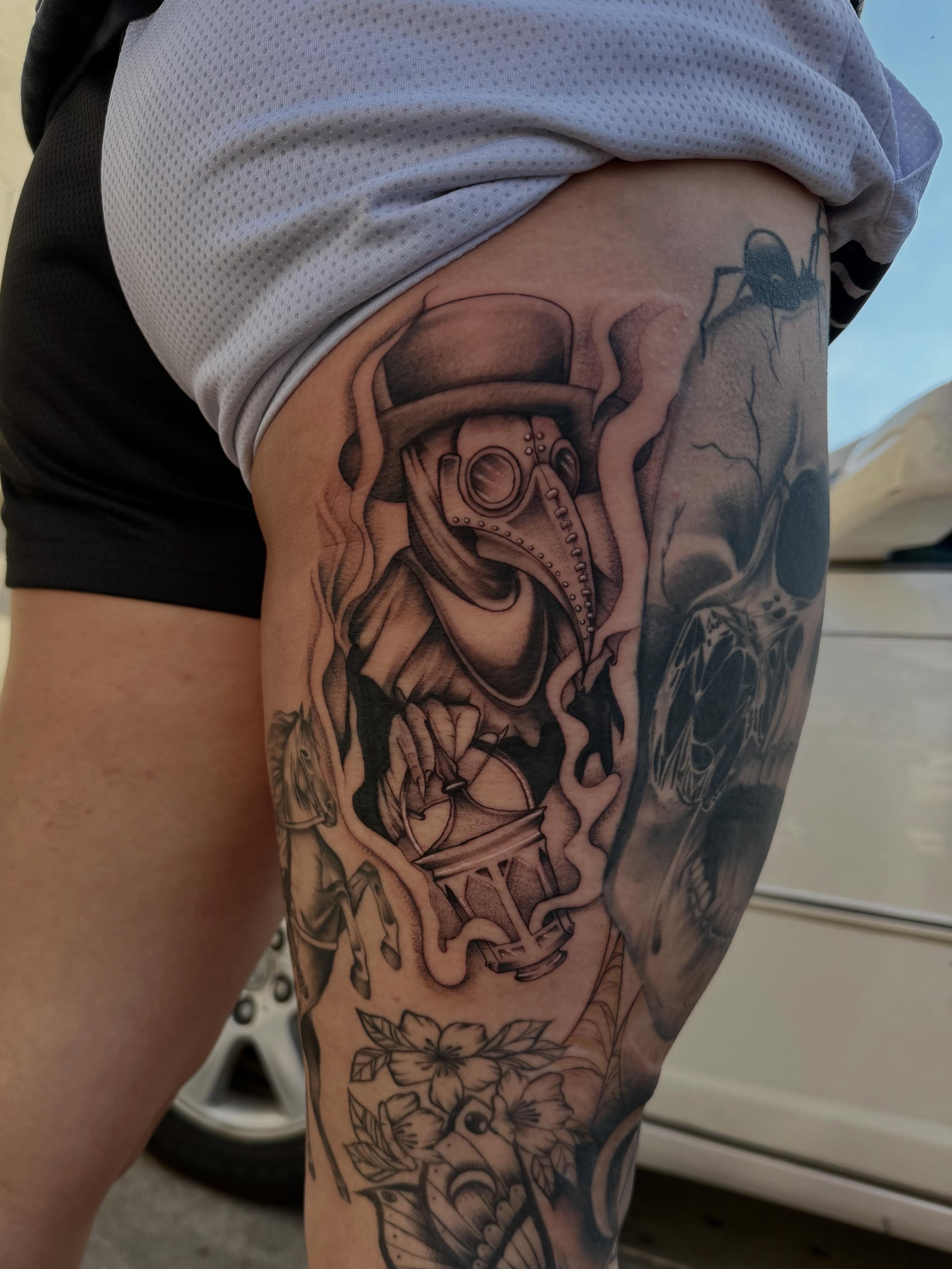 Plague doctor realism tattoo on the thigh by Priscilla ☾ ⋆*・゚