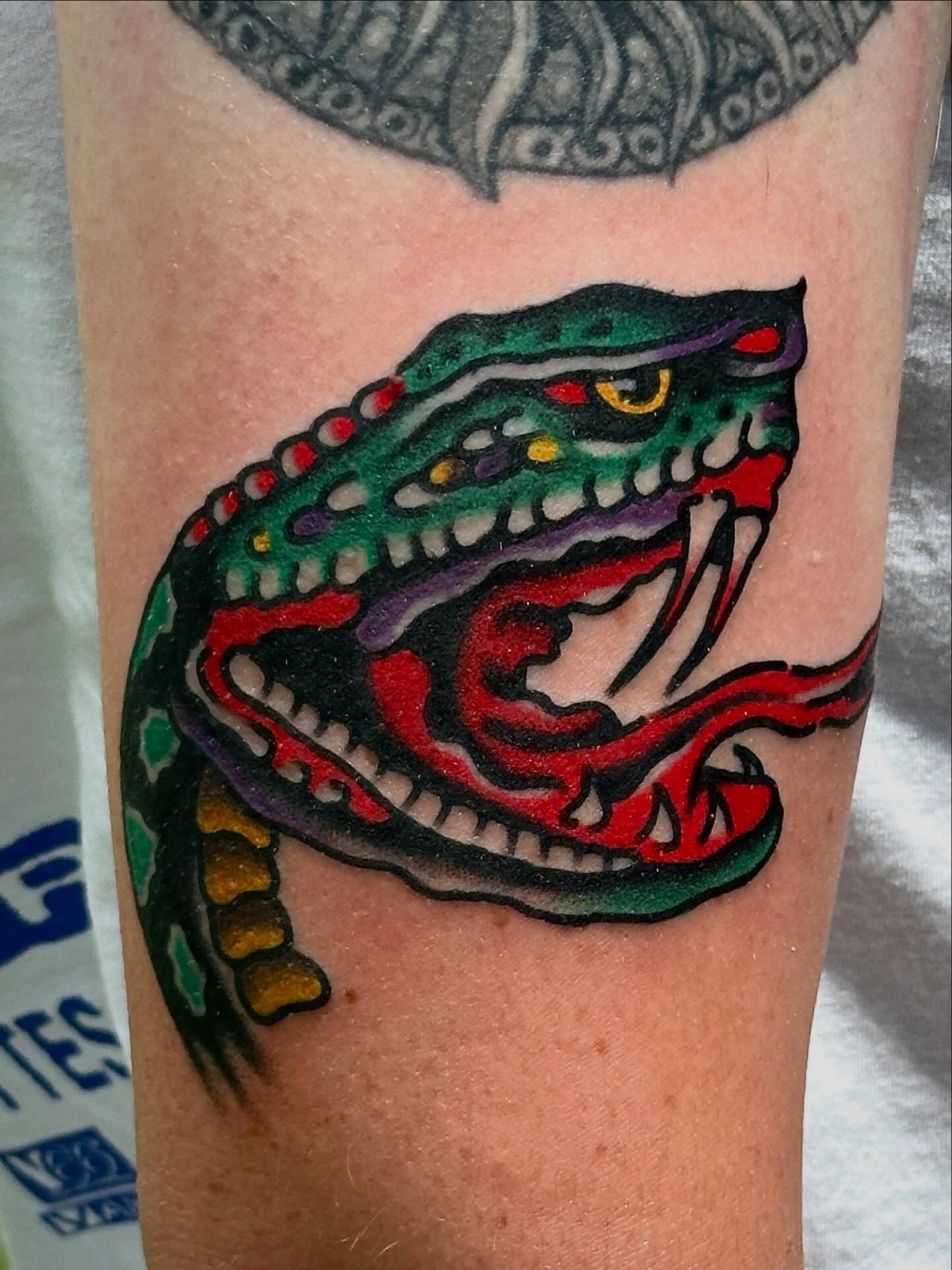 Alligator American traditional tattoo on the forearm by Jared Allen, Saint Petersburg, Florida