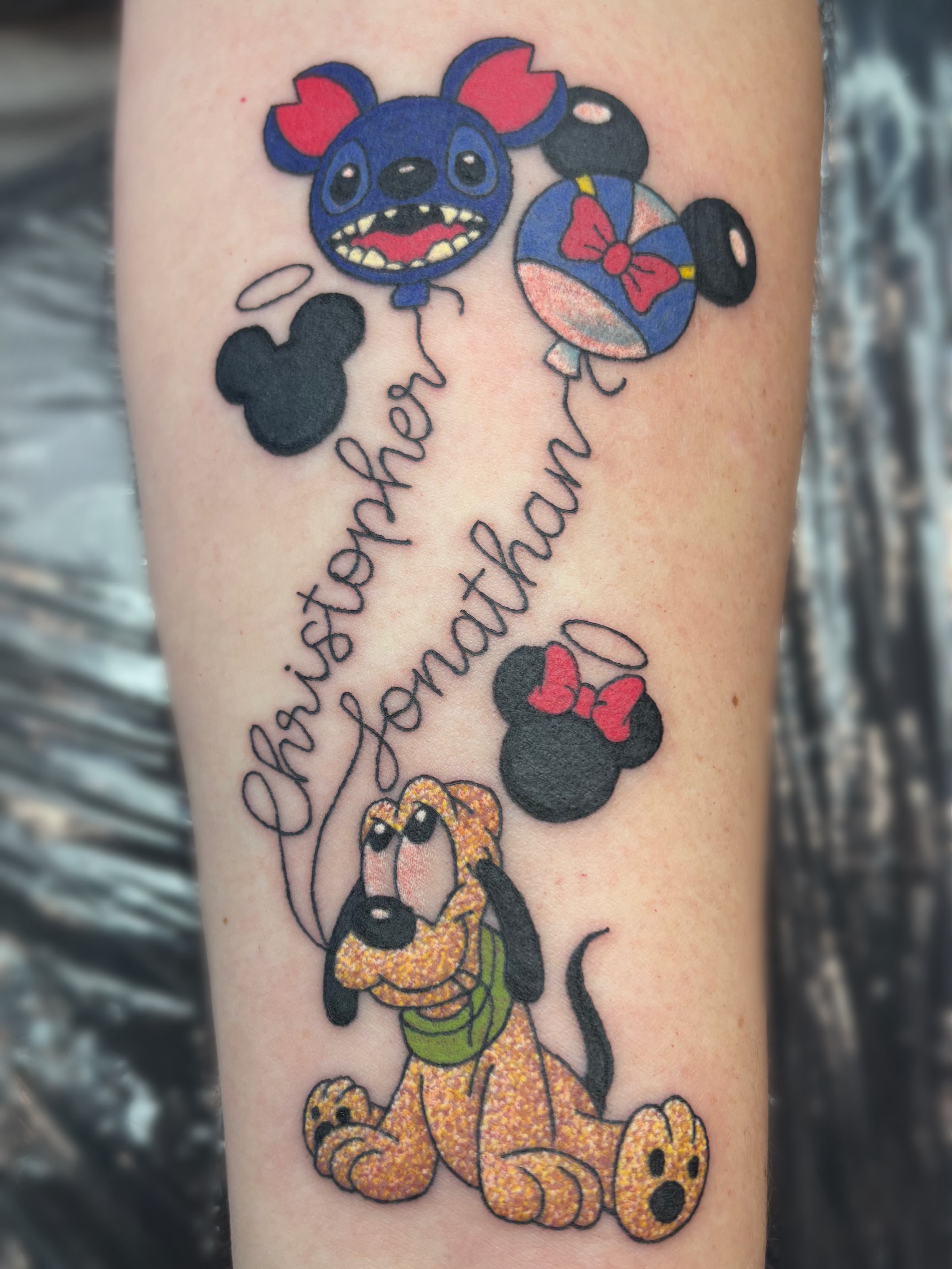 Disney characters dotwork tattoo on the forearm by Bree Burgess