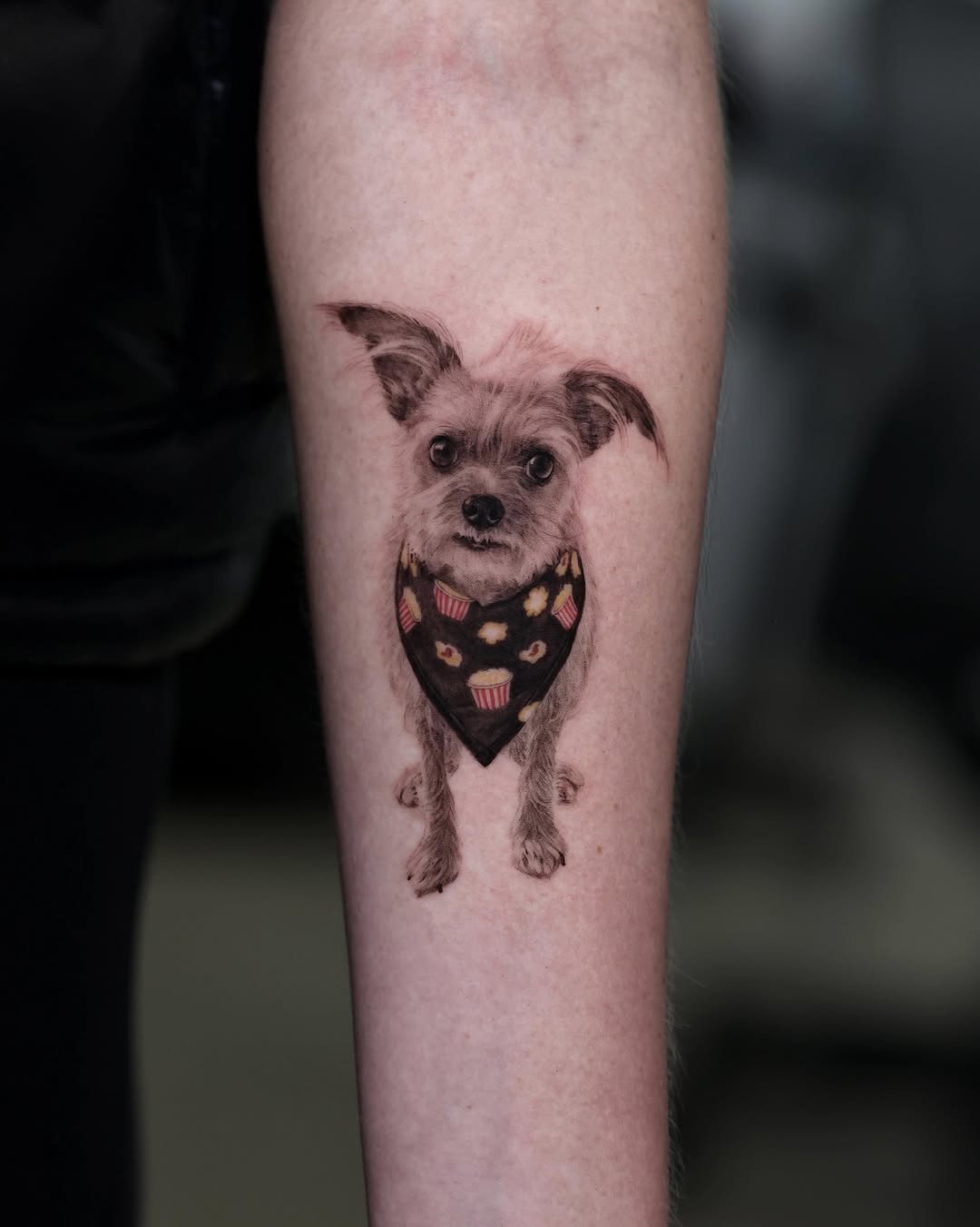 Dog with bandana realism tattoo on the forearm by LA Tattoo Yeono