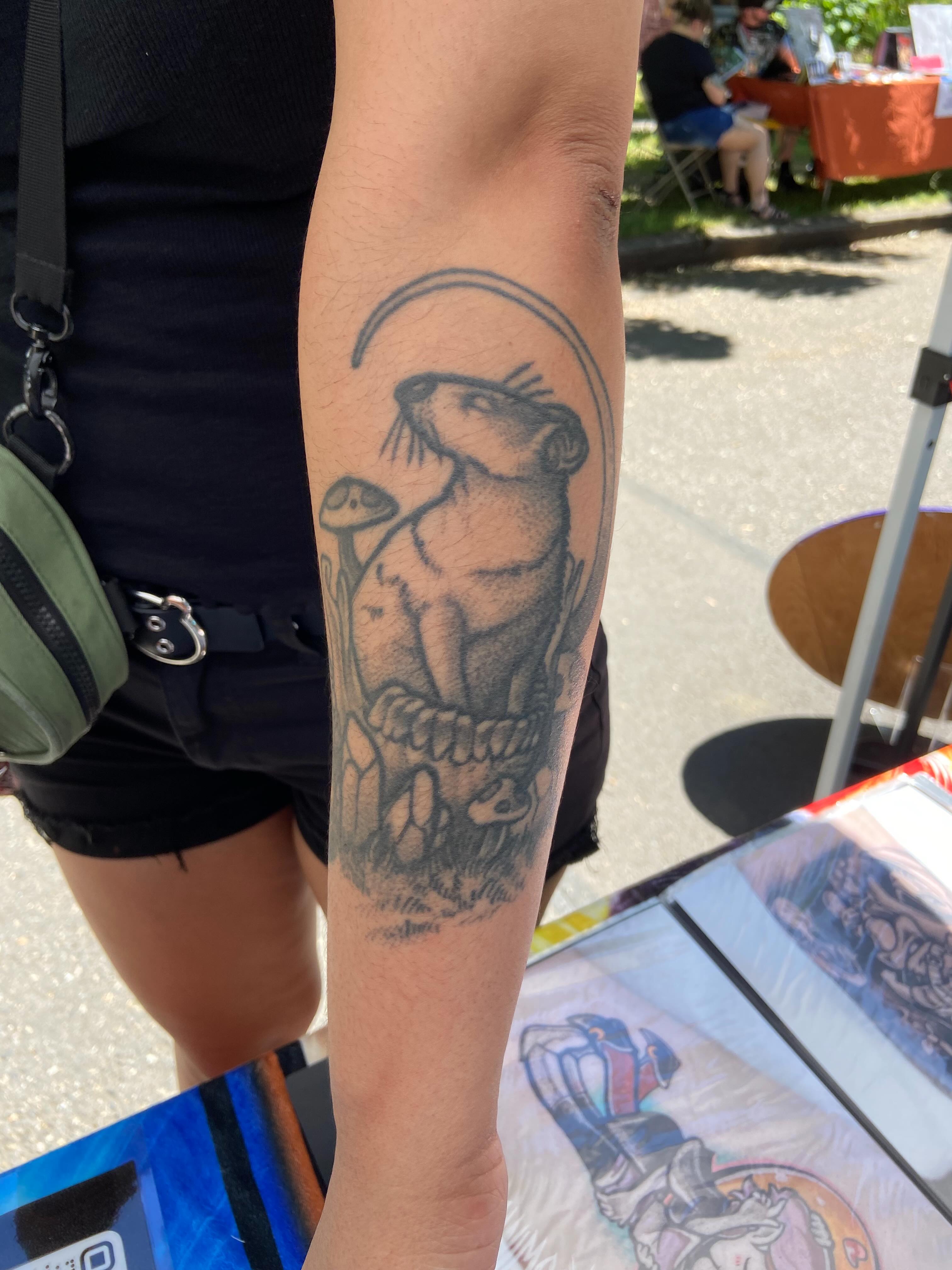 Beaver black and grey tattoo on the forearm by Holly Redwinter