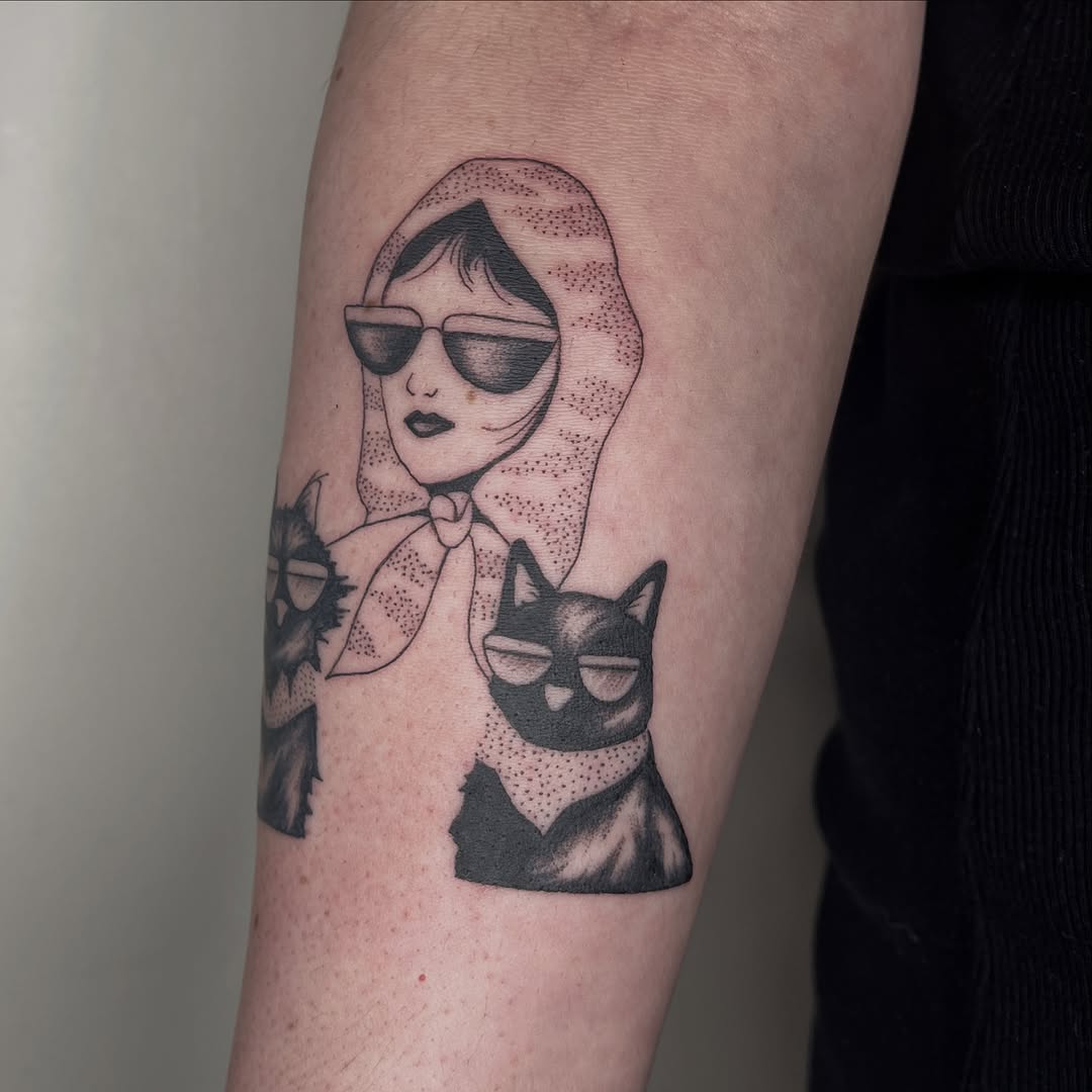 Woman with cats dotwork tattoo on the forearm by Elleree (LRE)
