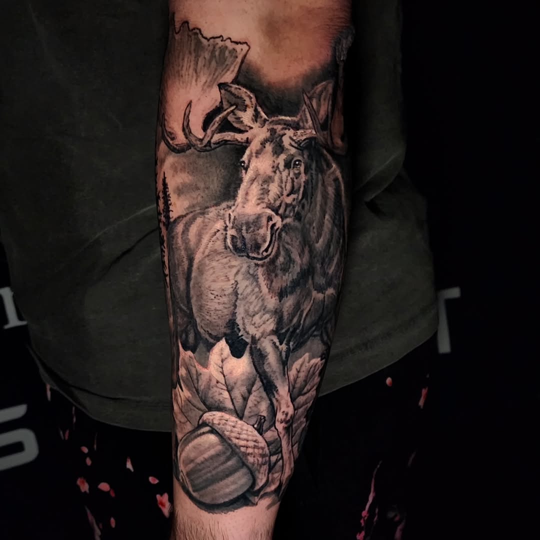 Moose with acorn and leaves realism tattoo on the forearm by Chicago Tattoo Artist New School Tattoos, Naperville, Illinois