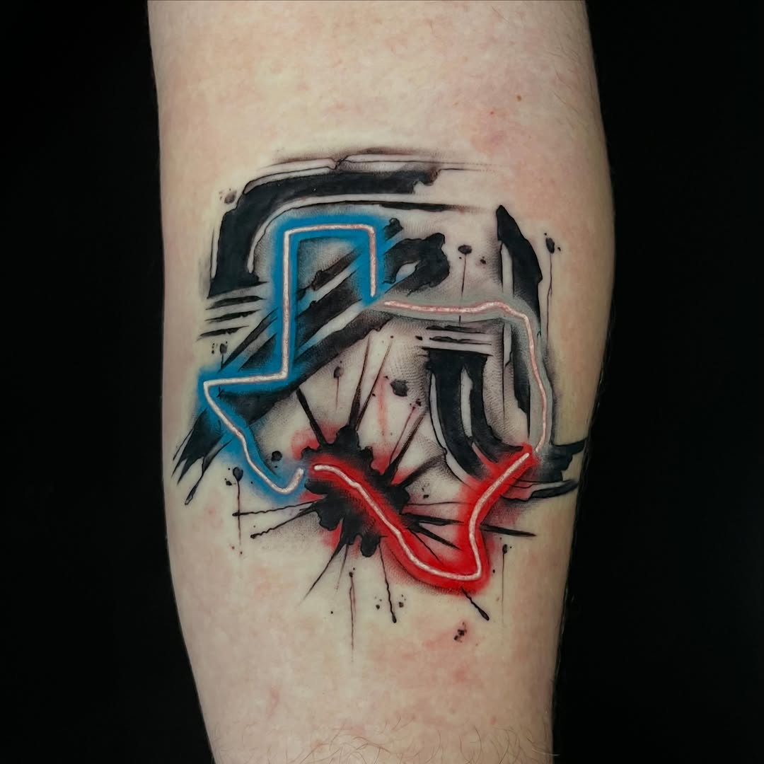 Texas outline with neon effect sketch tattoo on the forearm by Cuda