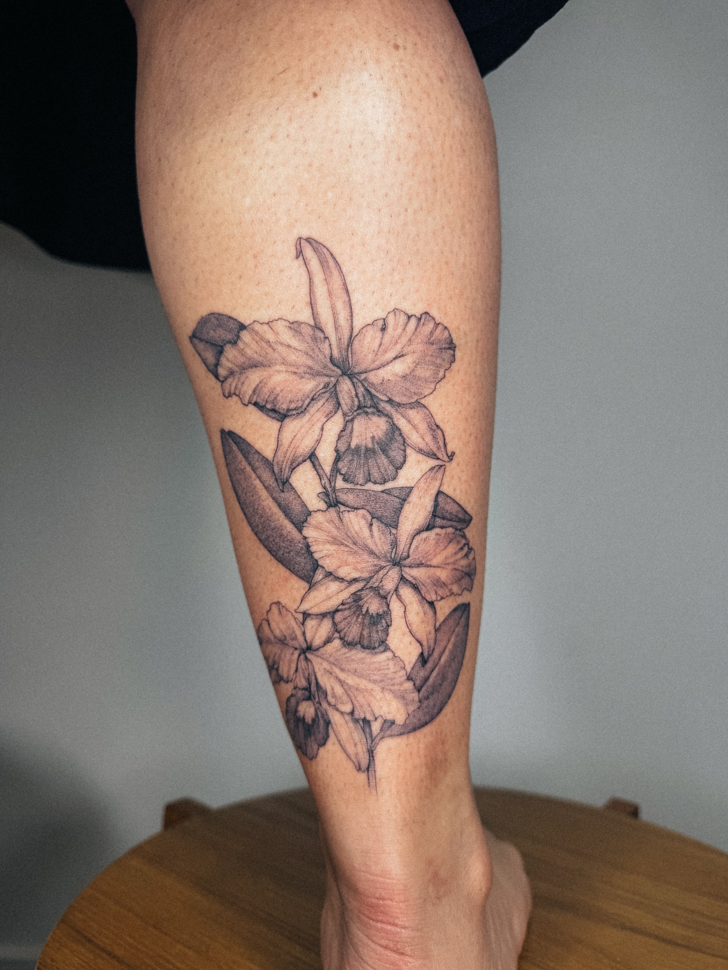 Orchid black and grey tattoo on the forearm by Emma- Los Angeles Tattoo Artist