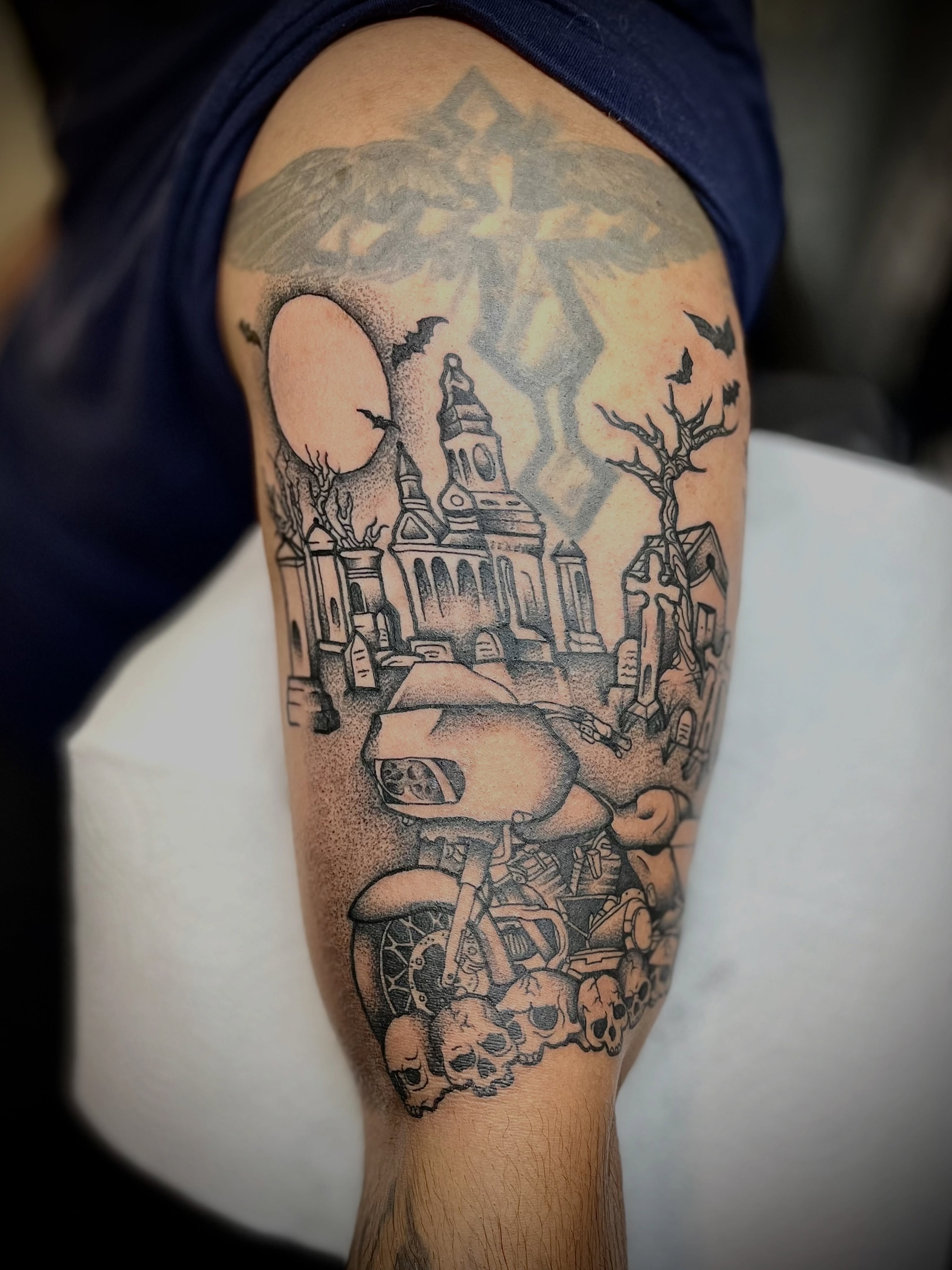 Tattoo by @cursedskintattoos — dotwork, black_and_grey
