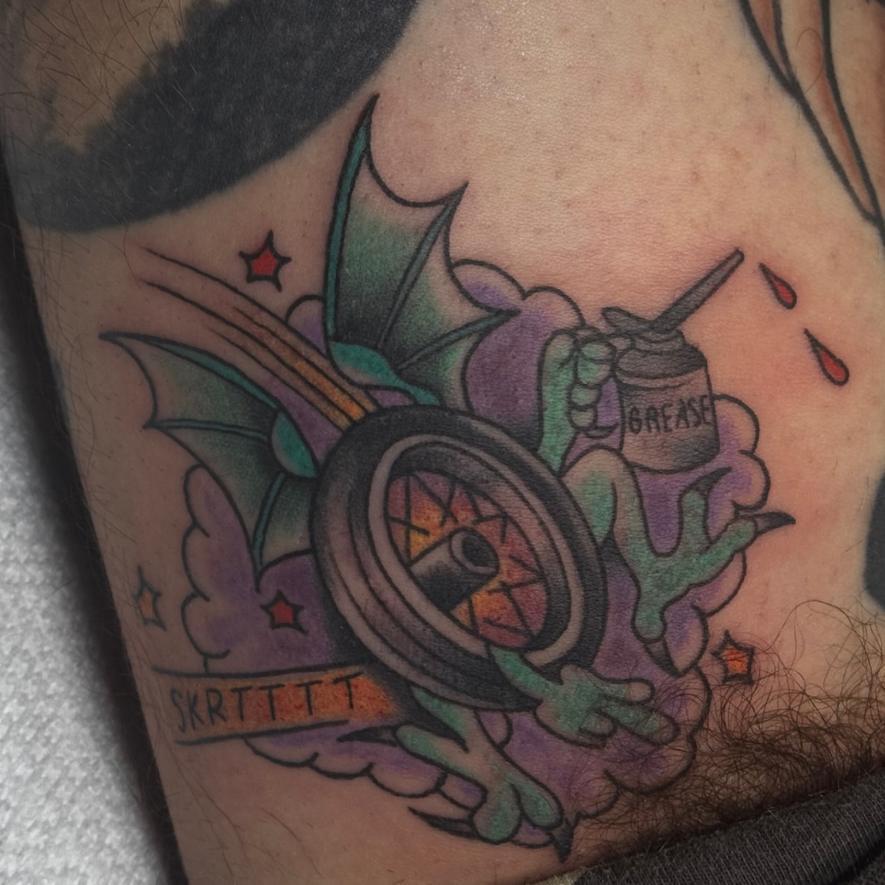 Motorcycle wheel and grease can American traditional tattoo on the thigh by ๐ช๐๐ก๐ก๐ฆ๐ข