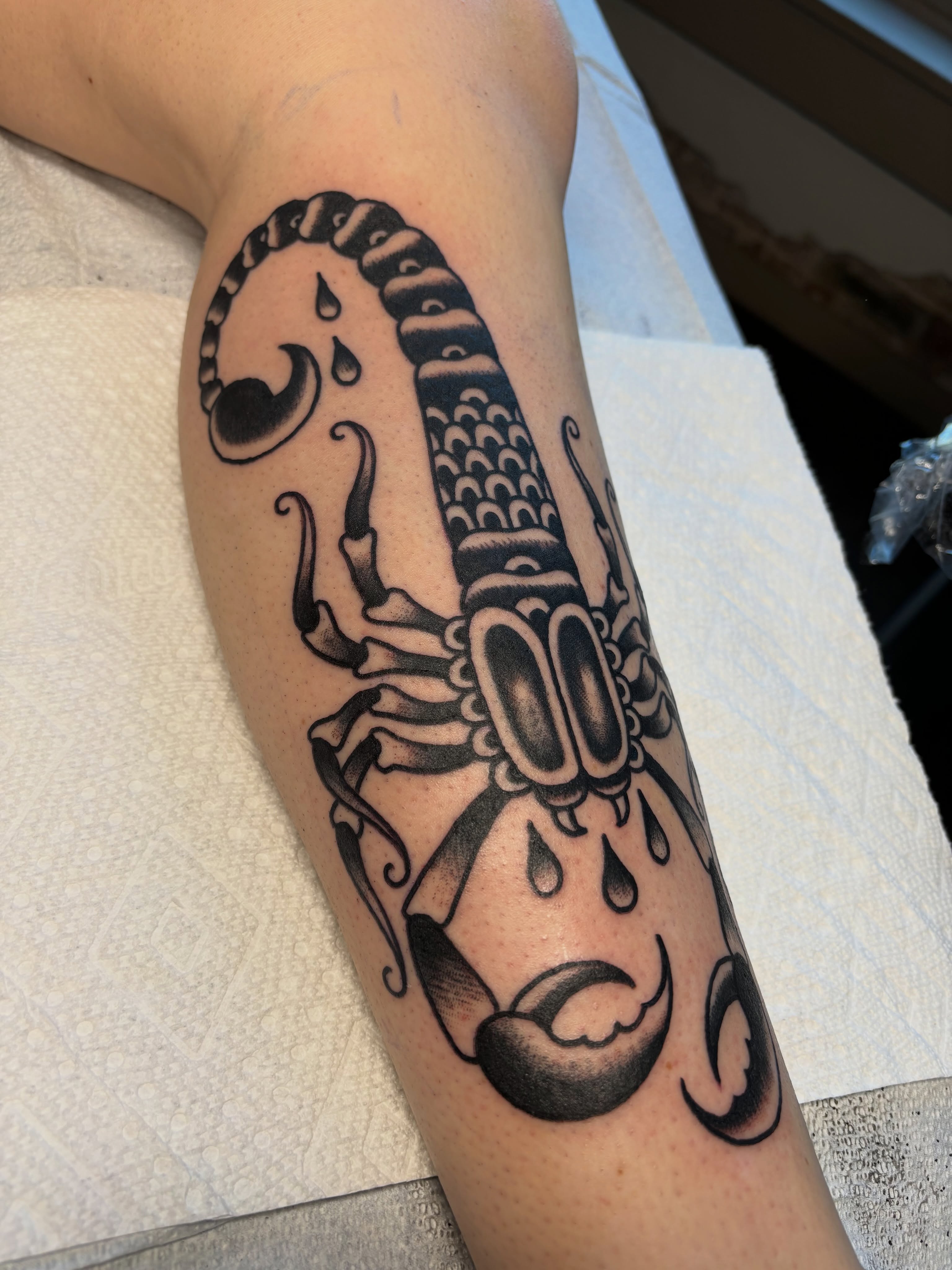 Scorpion American traditional tattoo on the forearm by Jeff Slack