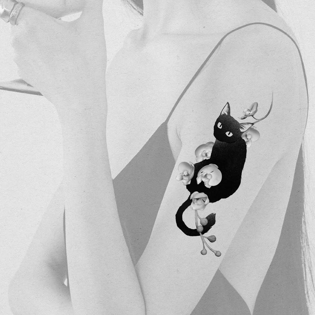 Black cat with orchids surrealism tattoo on the forearm by Xin Huang