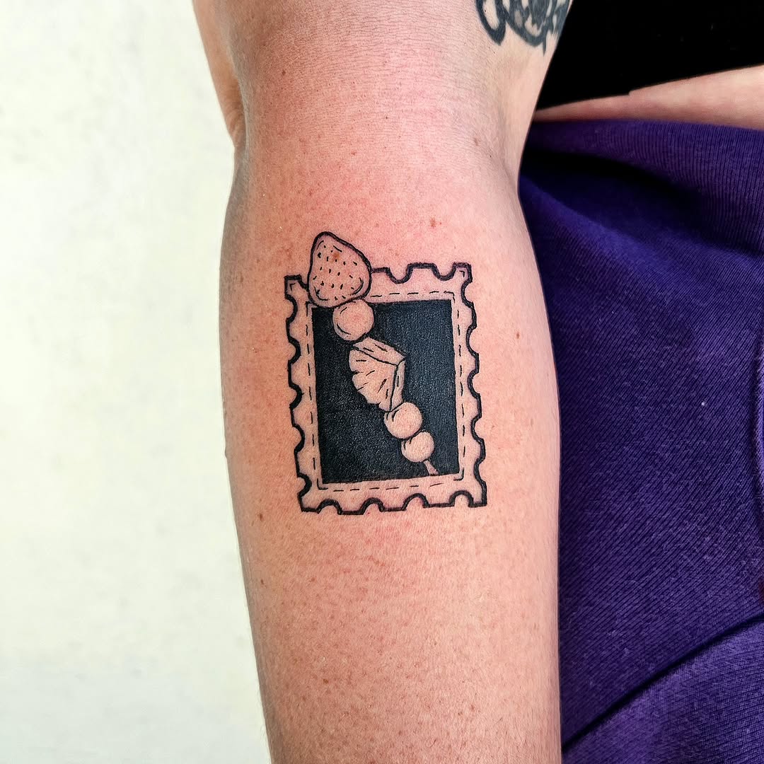 Stamp with fruit skewer minimalist tattoo on the forearm by Lina ๐ป