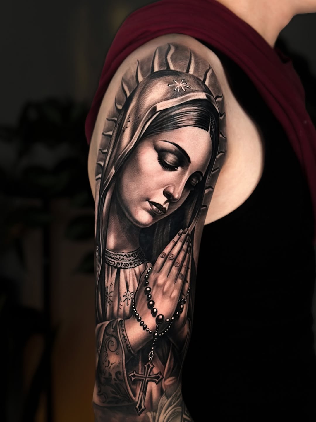 Virgin Mary praying with rosary Chicano tattoo on the forearm by Nathan, Charlotte, North Carolina