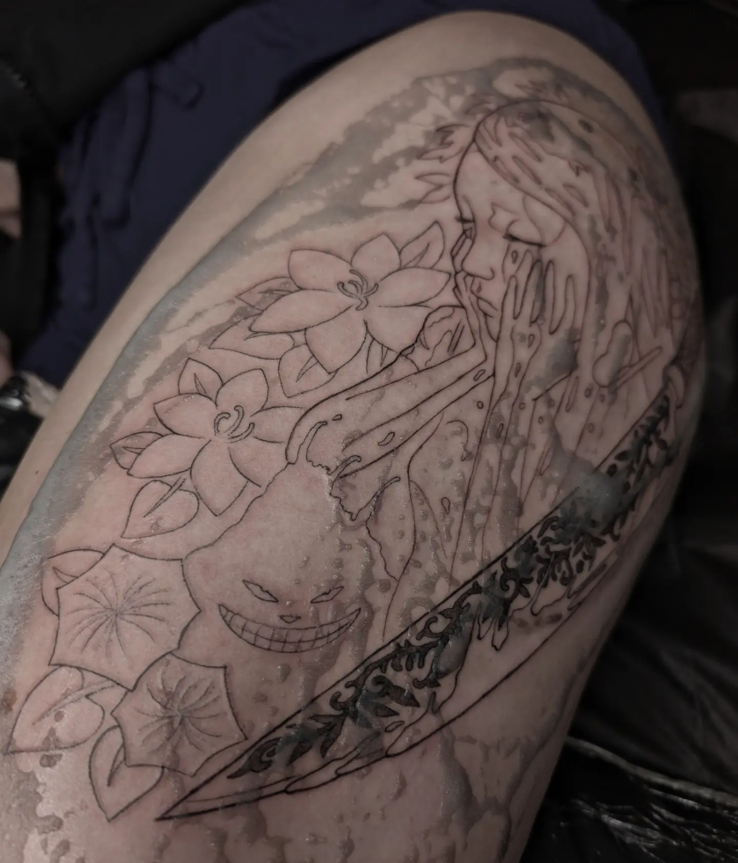 Anime character with flowers anime tattoo on the thigh by ⓢⓐⓜ ✧*。