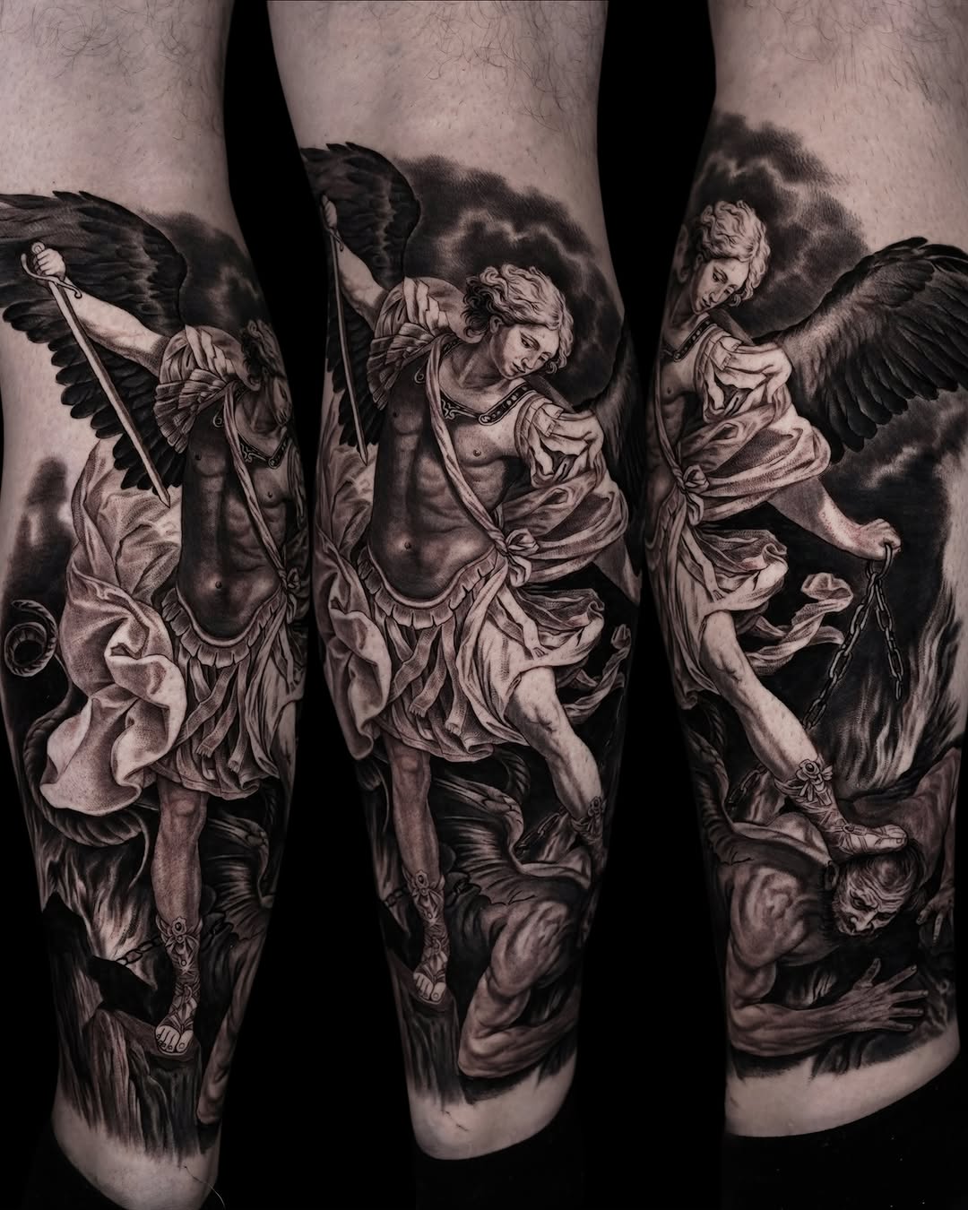 Archangel Michael battling demons realism tattoo on the forearm by Lynn Hoang, Honolulu, Hawaii