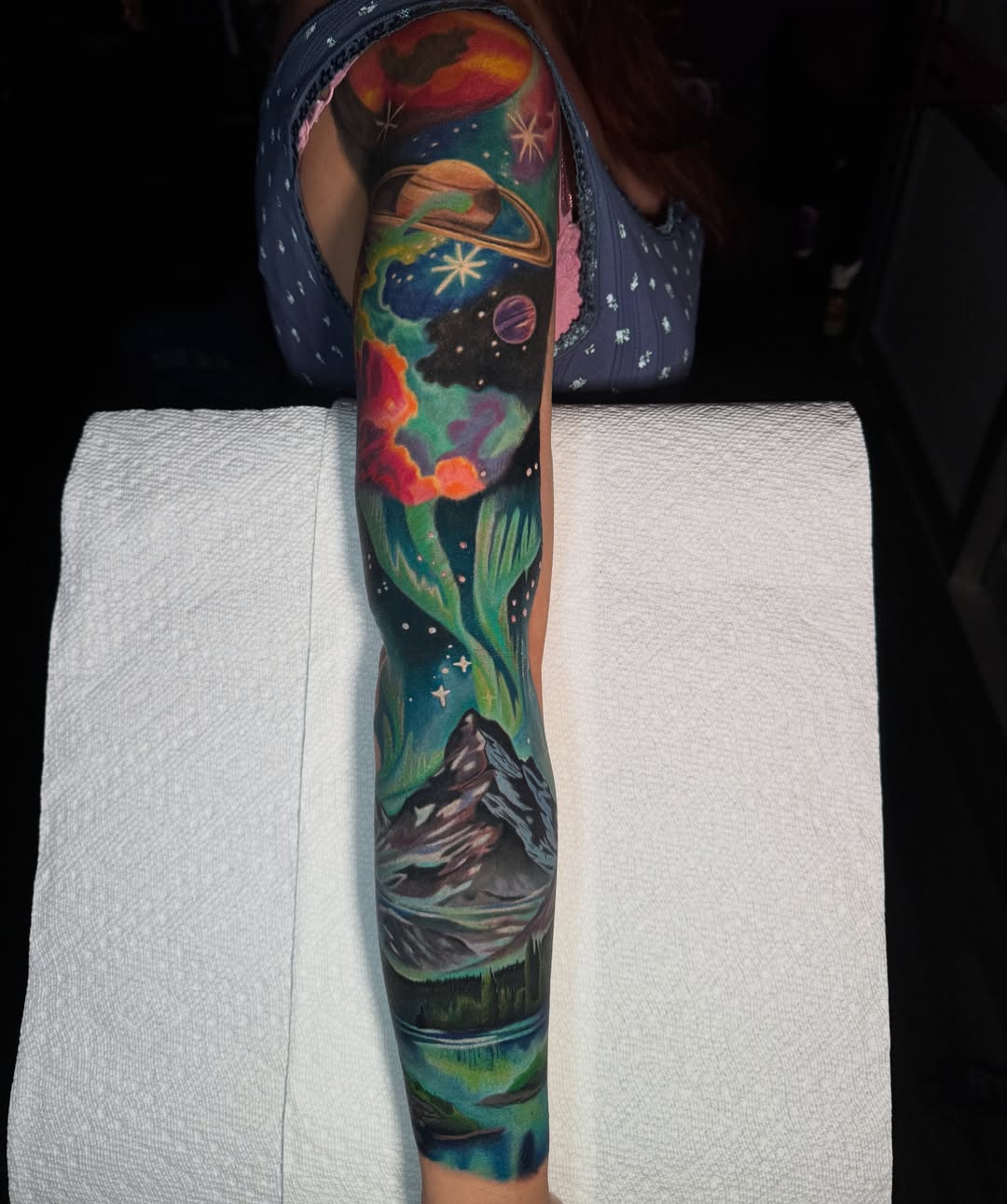 Space landscape dotwork tattoo on the forearm by Jennifer Kovach, Gastonia, North Carolina