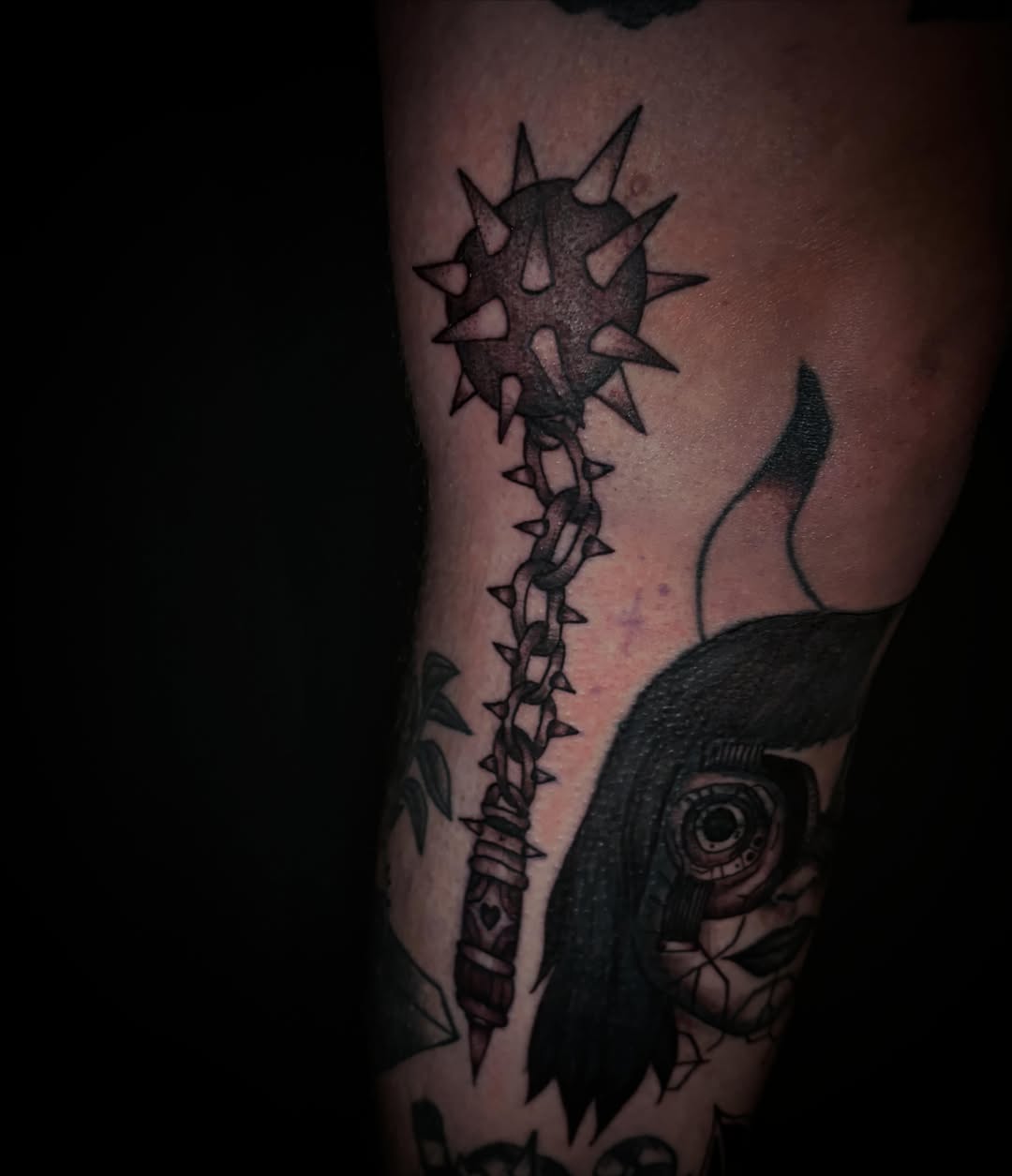 Spiked mace black and grey tattoo on the forearm by Tattoo Artist Lilliann:)