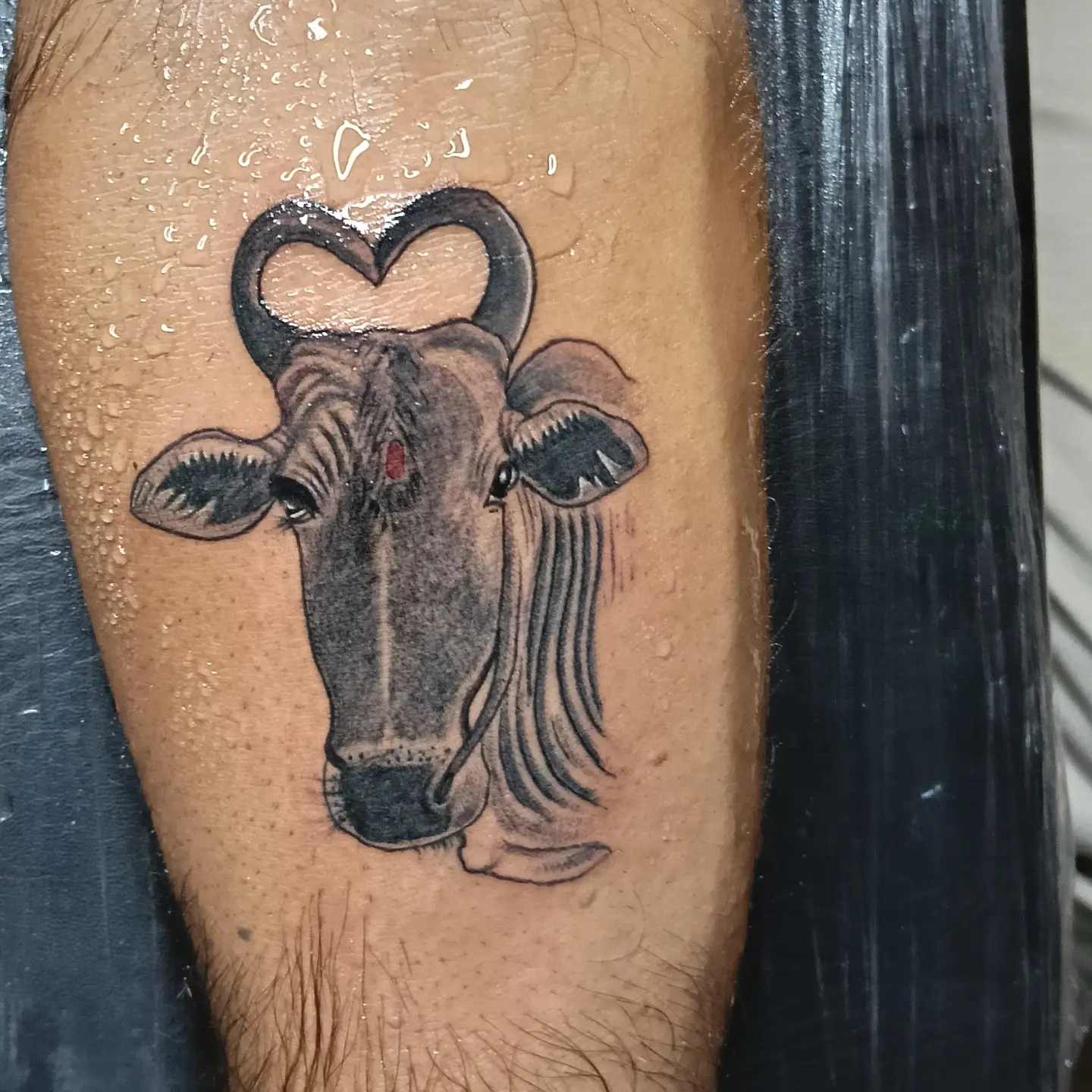 Bull with heart horns black and grey tattoo on the forearm by VR tattoo Studio