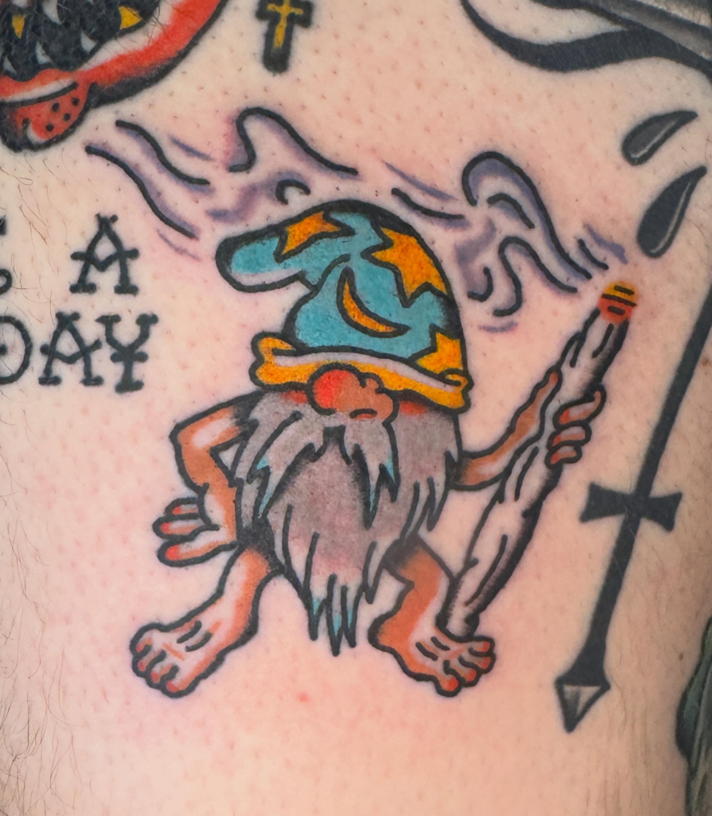 Gnome American traditional tattoo on the forearm by Harrison ♠️