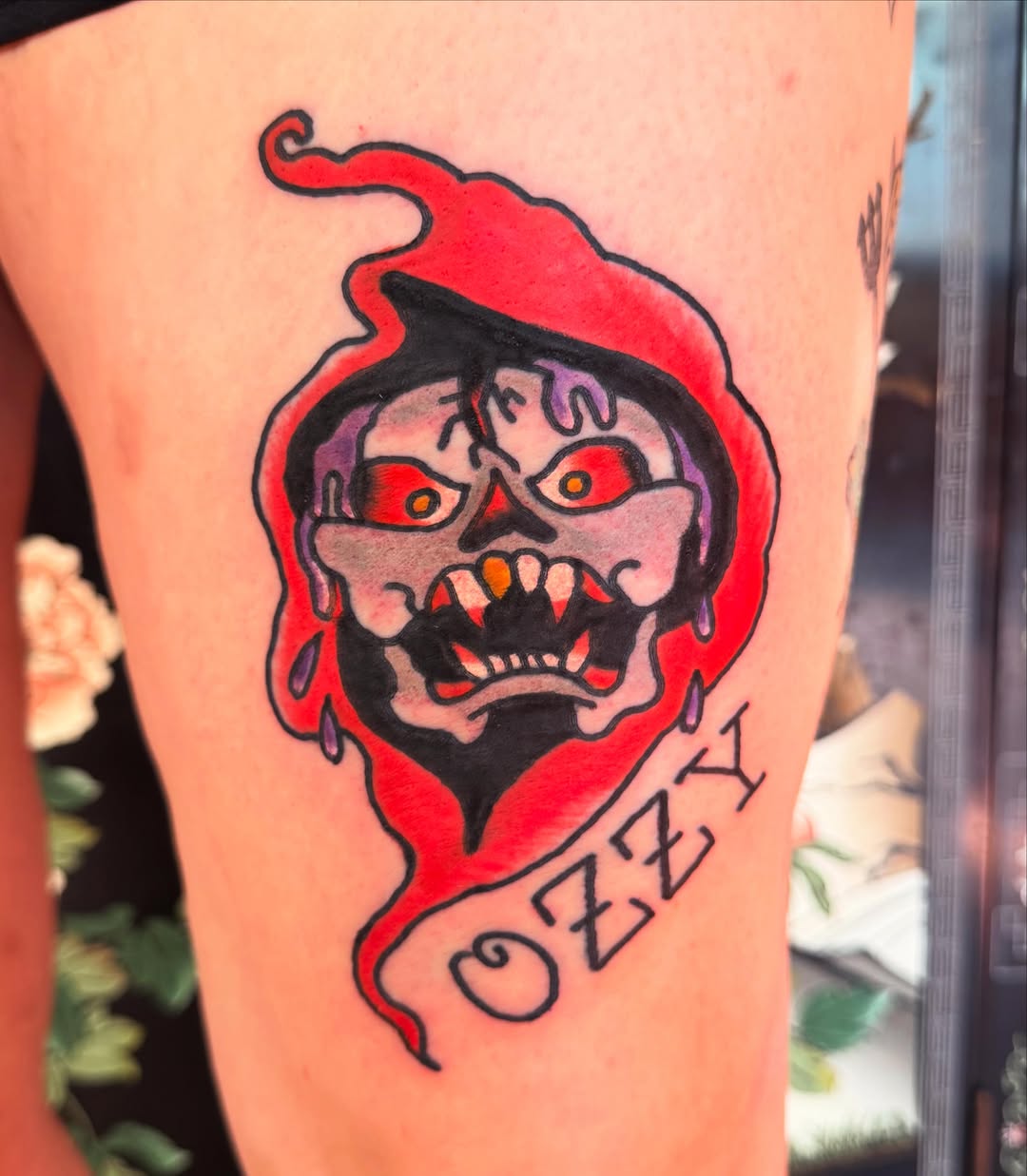Demon mask American traditional tattoo on the thigh by Harrison ♠️