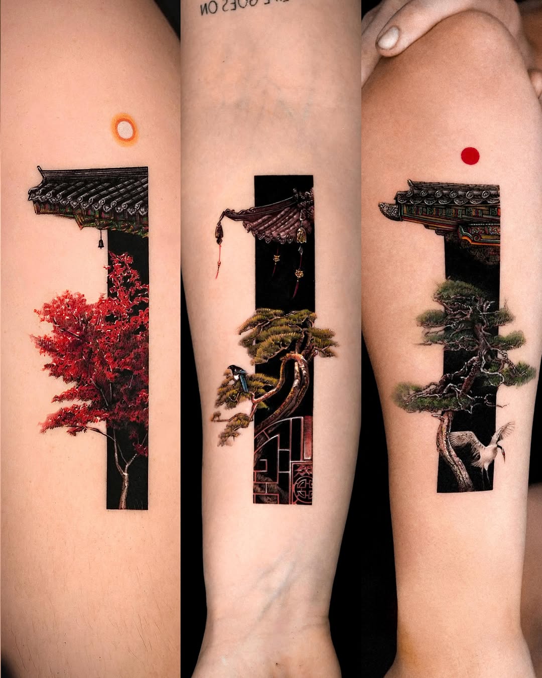 Asian architecture and nature scenes watercolor tattoo on the forearm by Rizn