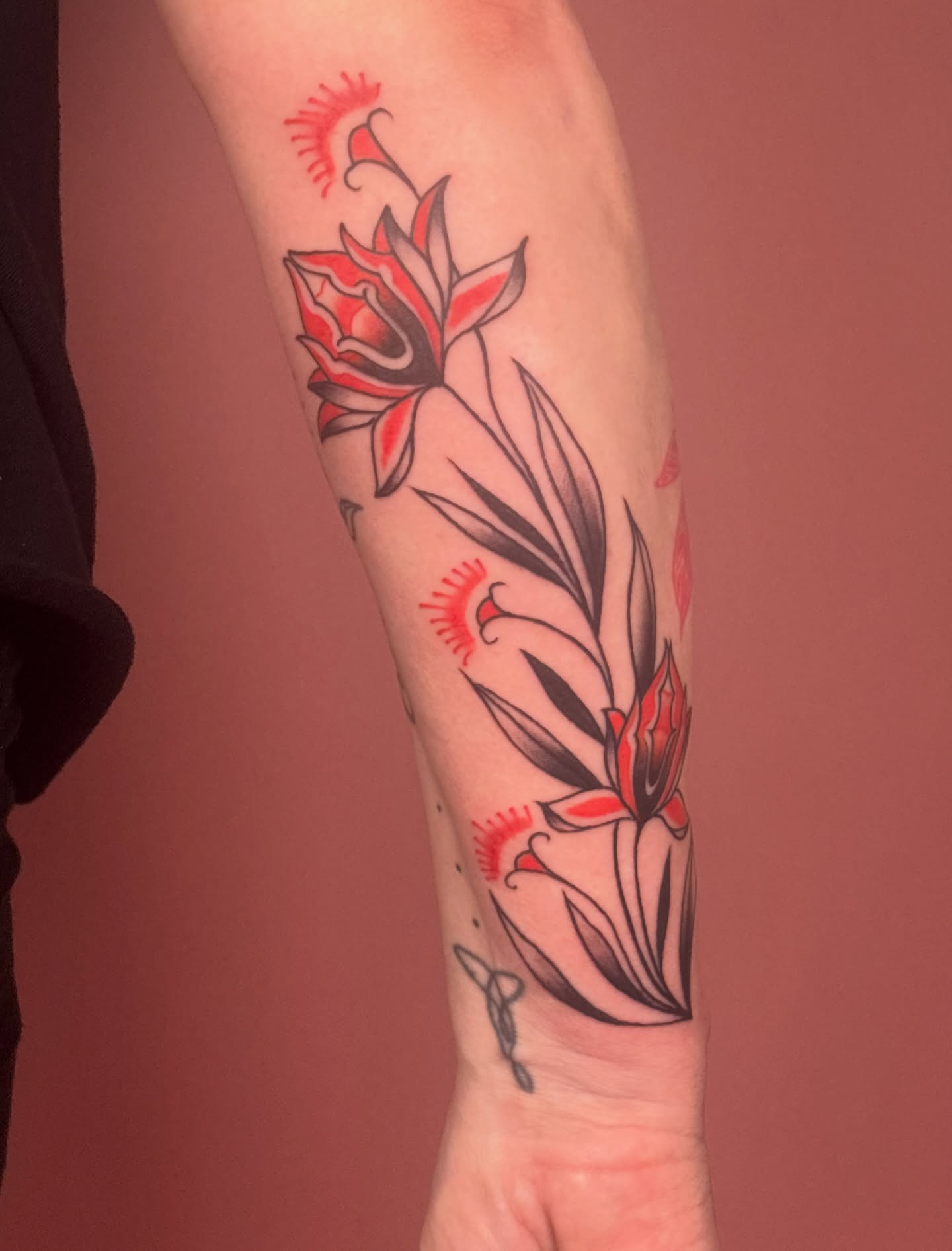 Floral arrangement American traditional tattoo on the forearm by Car🦋🌈 Dallas Tattoo Artist💖