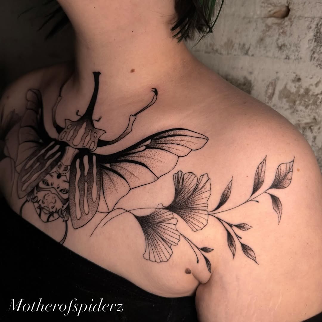 Tattoo by @motherofspiderz β black_and_grey, dotwork