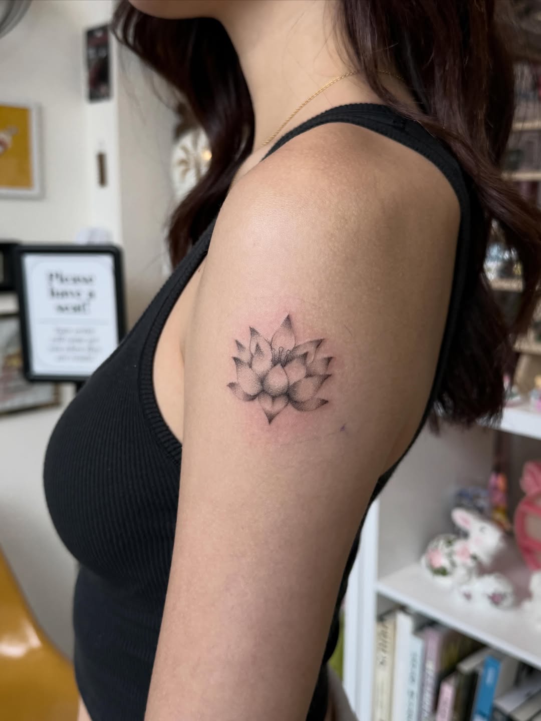 Lotus flower sketch tattoo on the shoulder by Rachel ˚⊱🪷⊰˚ 芷若, Des Moines, Iowa