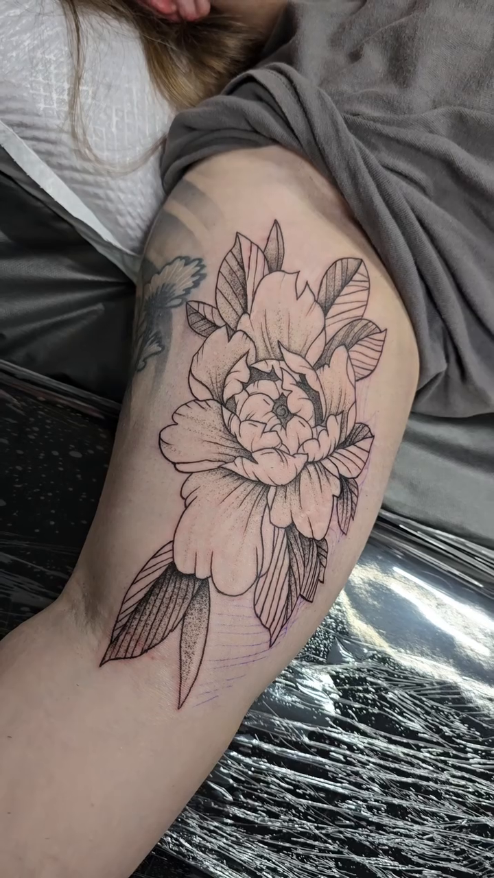 Peony flower fine line tattoo by Jesse James, Las Vegas, Nevada