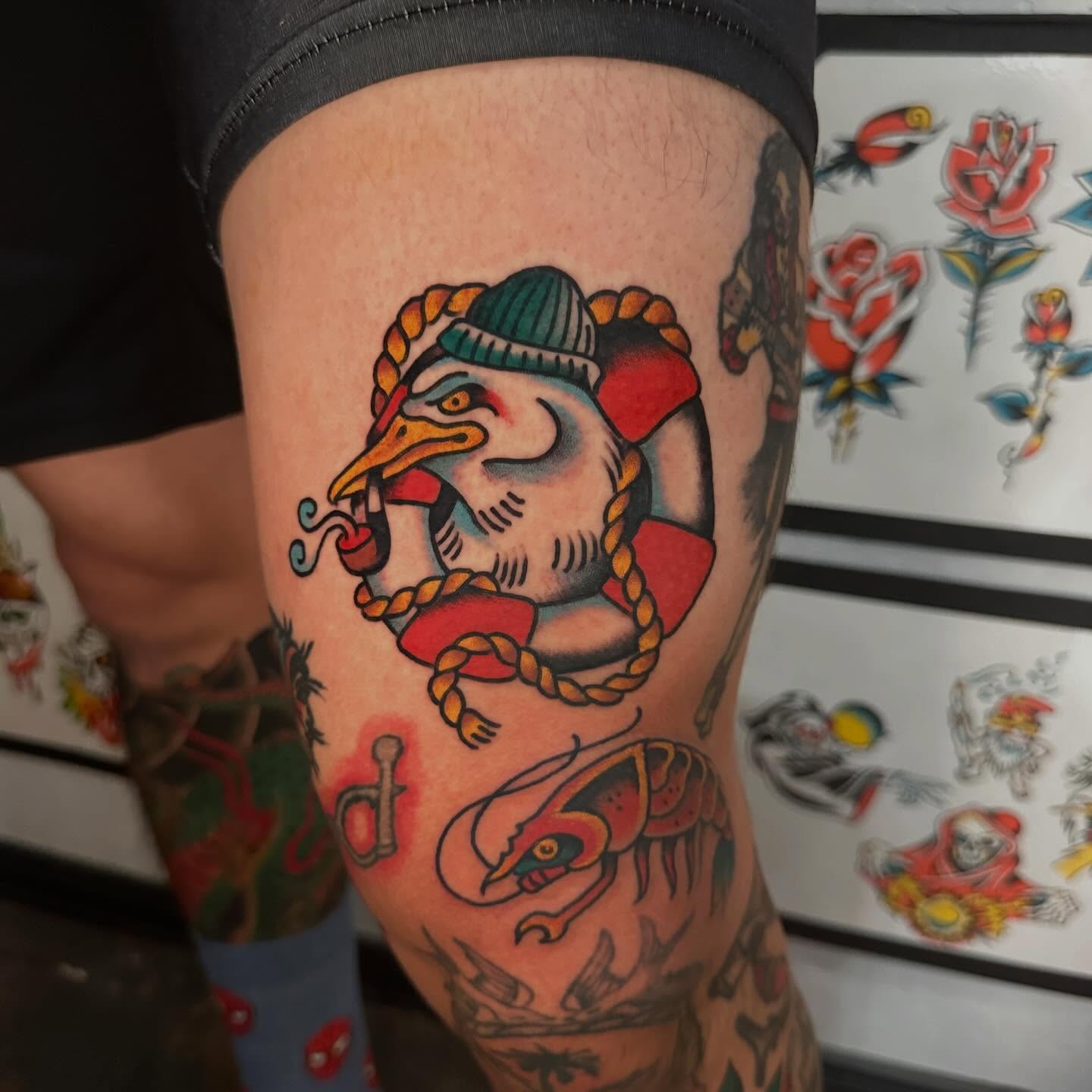 Seagull American traditional tattoo on the thigh by bryce duval