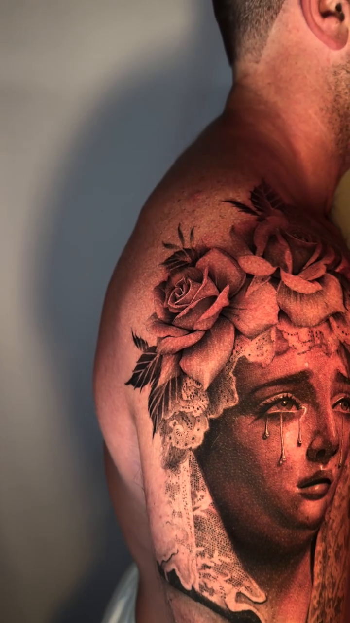 Weeping woman with roses Chicano tattoo on the shoulder by Joi Bailey, Denton, Texas