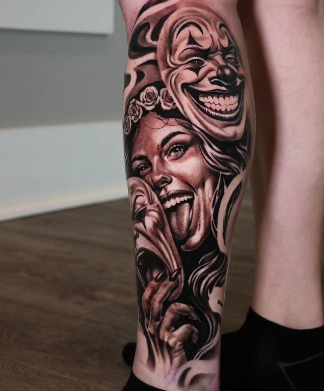 Woman and masks realism tattoo on the forearm by Jesus Bravo