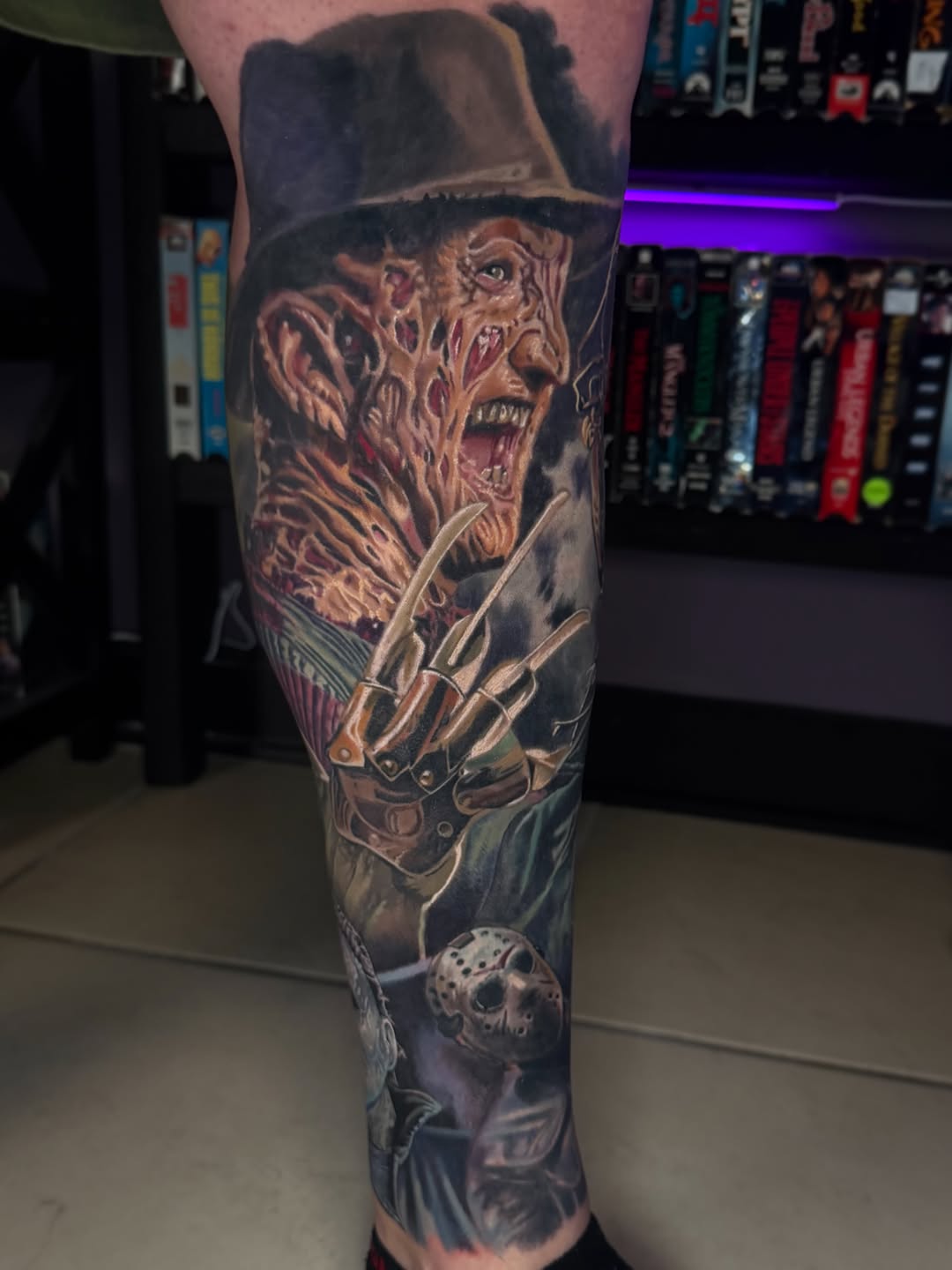 Freddy Krueger and other horror icons realism tattoo on the forearm by Steven Pelkey, Eastpointe, Michigan