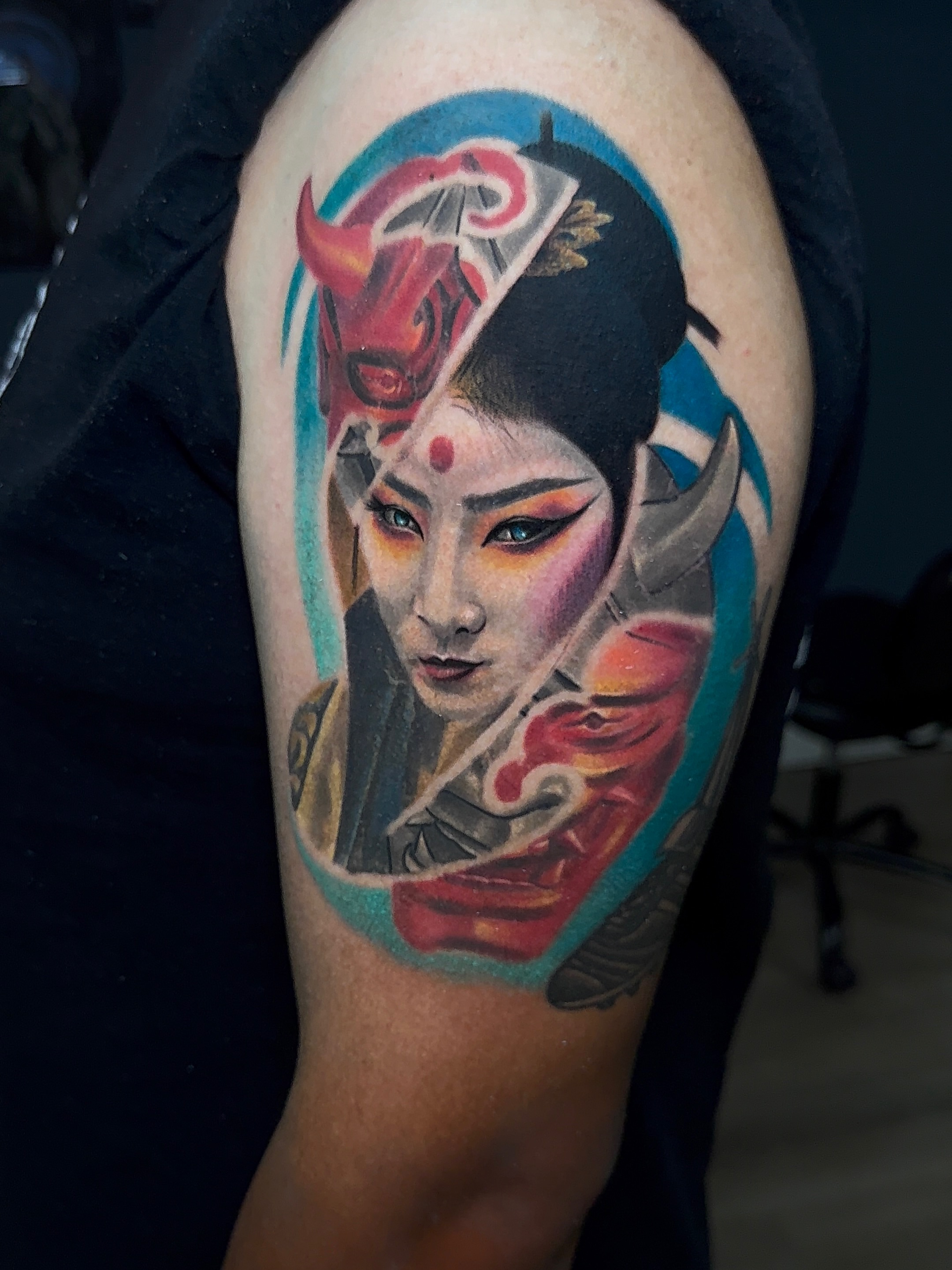 Geisha japanese irezumi tattoo on the shoulder by Dallas tattoo artist, Dallas, Texas