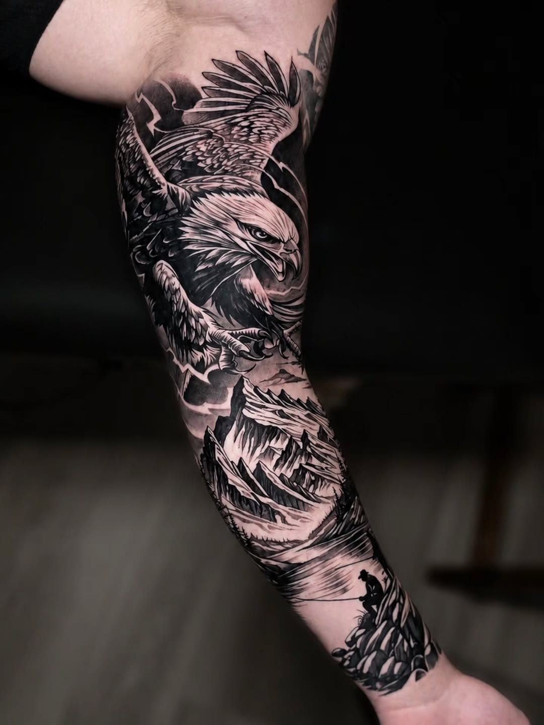 Eagle and mountain landscape Japanese tattoo on the forearm by Lukasz Olszanski