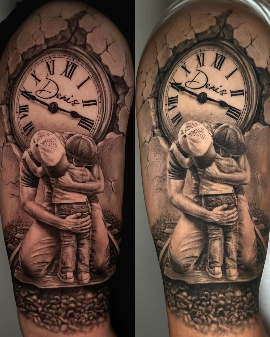 Clock with father and son hugging realism tattoo on the forearm by Cipri Suciu