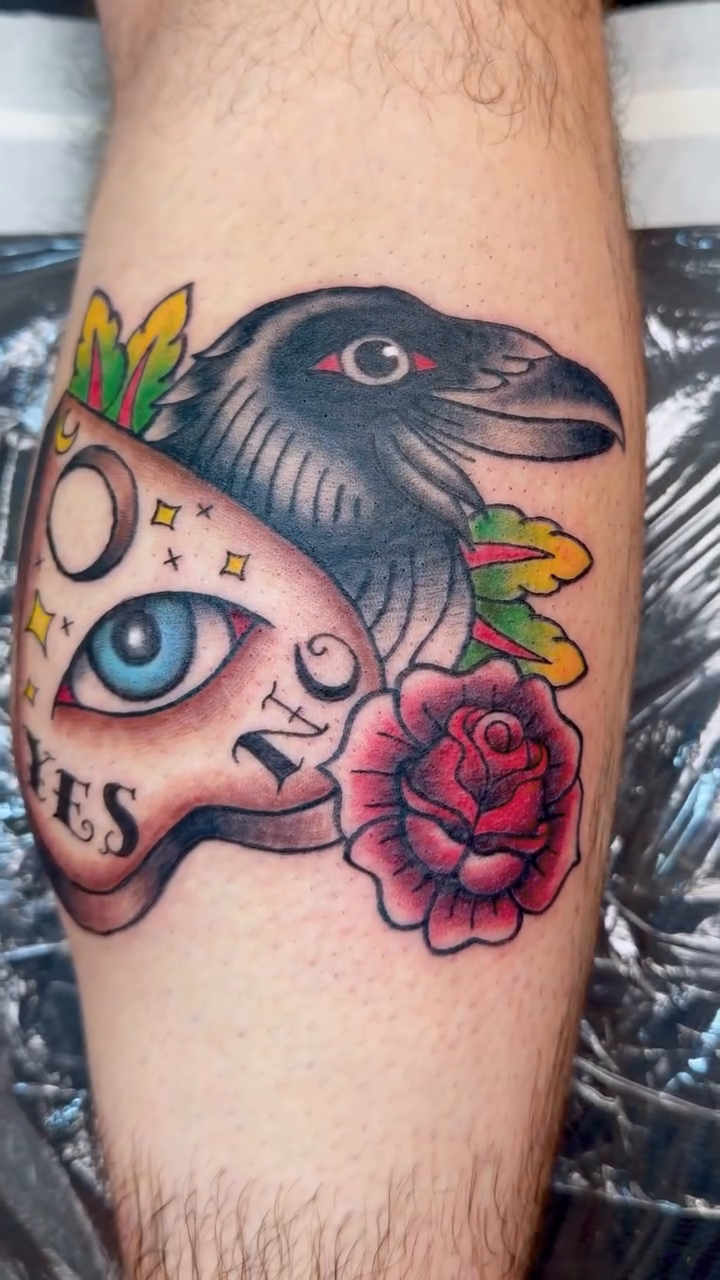Raven and Ouija board with rose realism tattoo on the forearm by Laura🦋