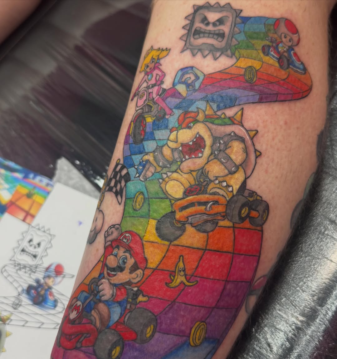 Mario Kart characters new school tattoo on the forearm by Jada Reynolds
