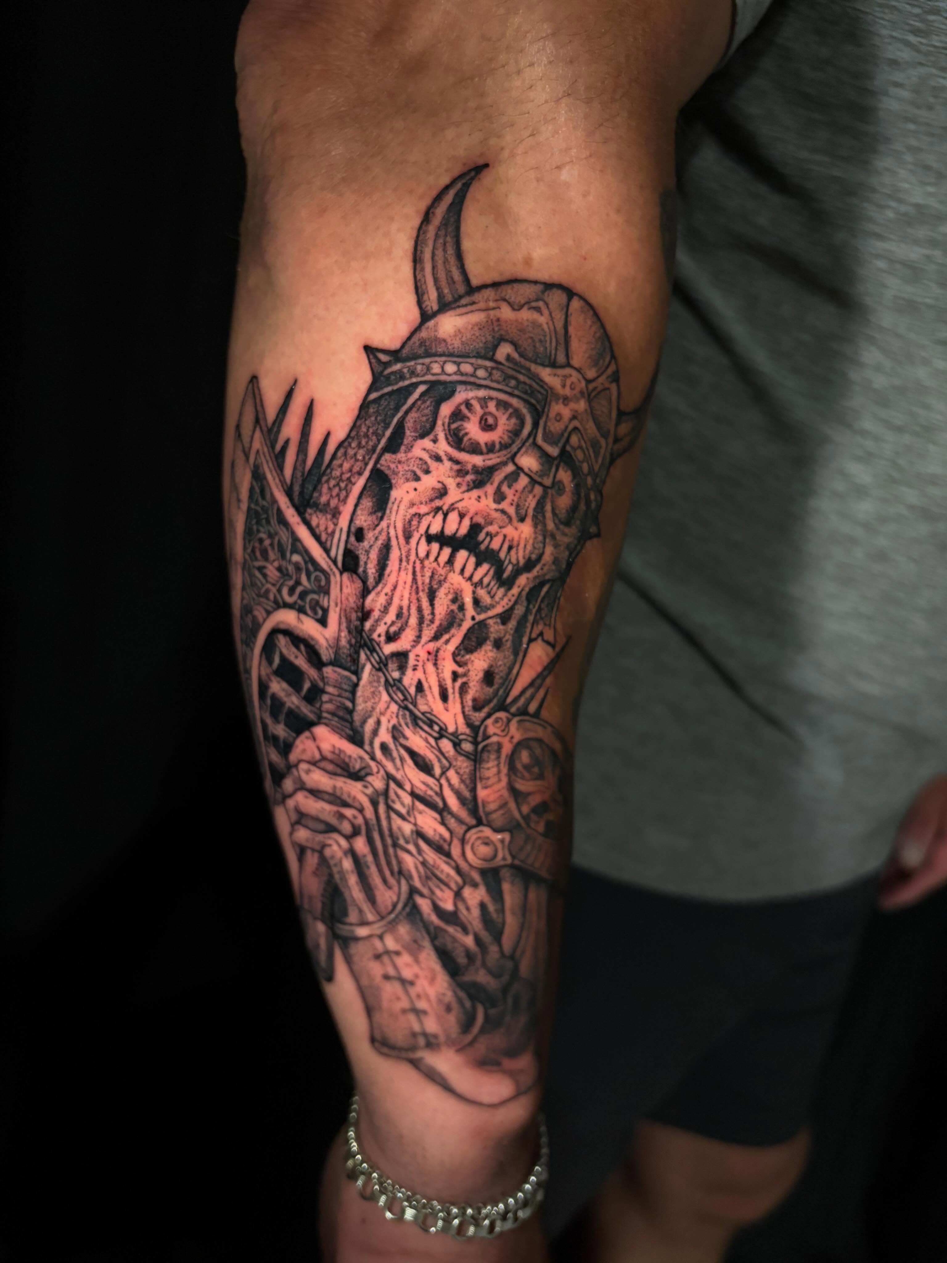 Viking warrior realism tattoo on the forearm by Crawlspacecadet