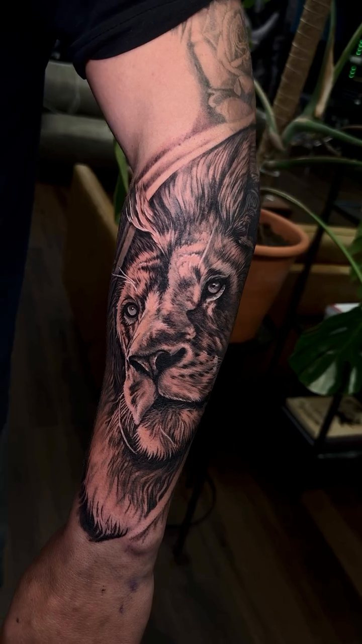 Lion portrait realism tattoo by Simon Pouliot