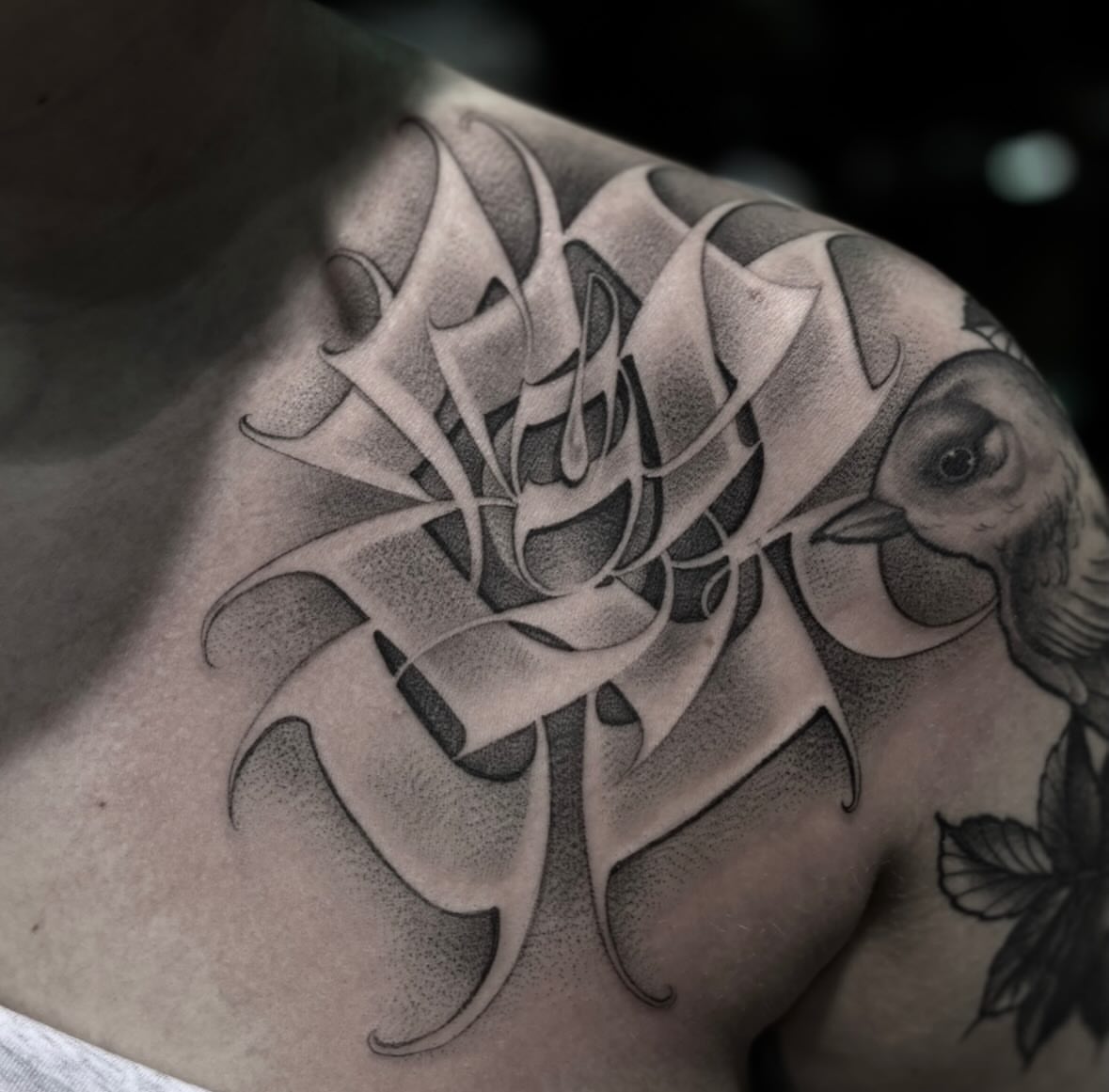 Abstract floral dotwork tattoo on the shoulder by Ashley brown, Las Vegas, Nevada