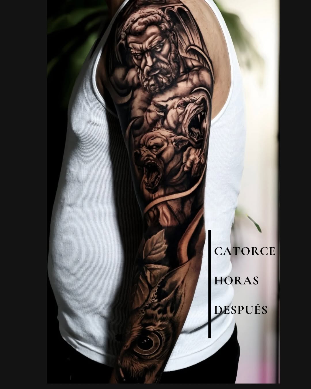 Man and dogs Japanese tattoo on the forearm by German Patiño.
