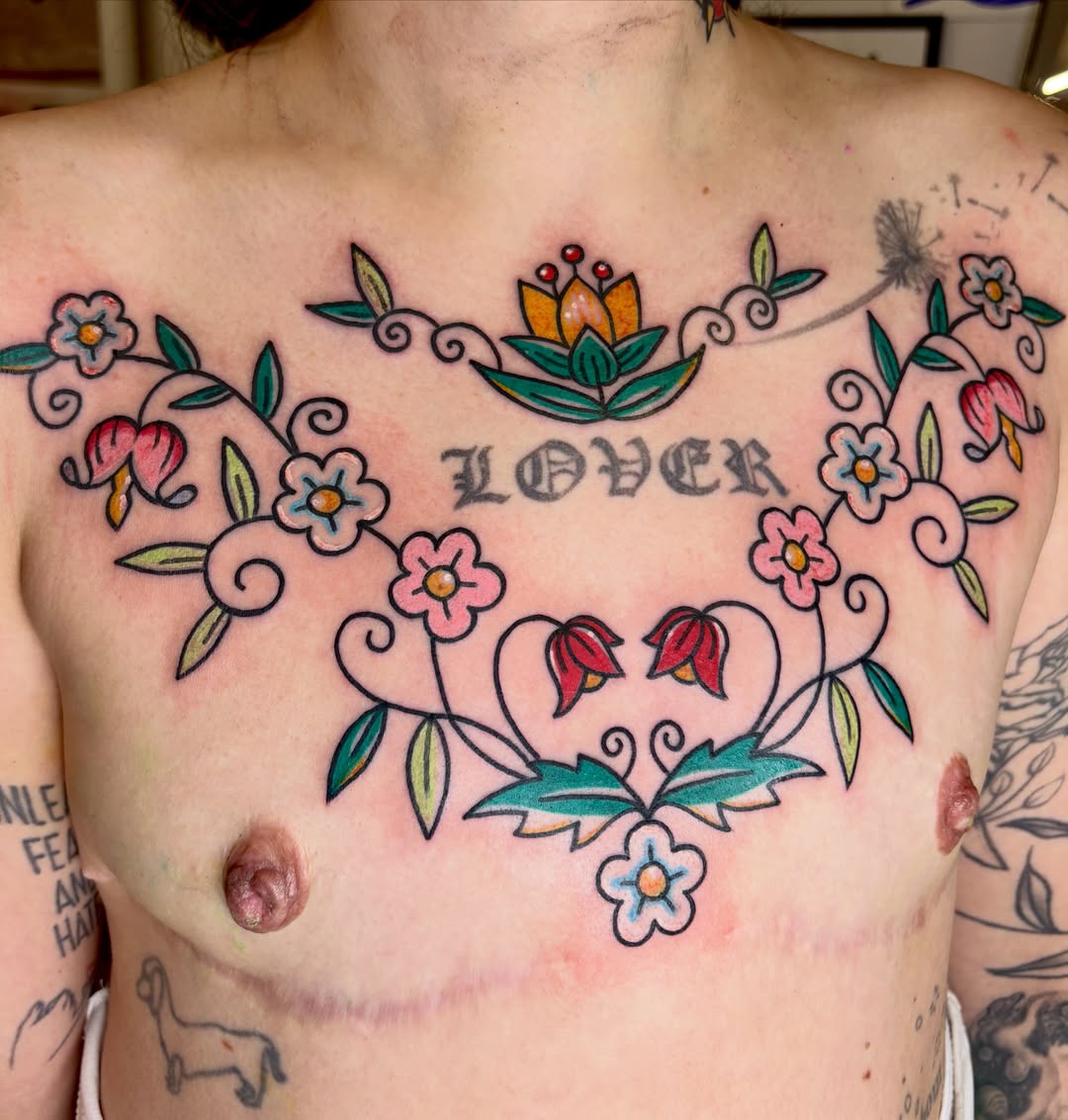 Flower vine American traditional tattoo on the chest by Bella