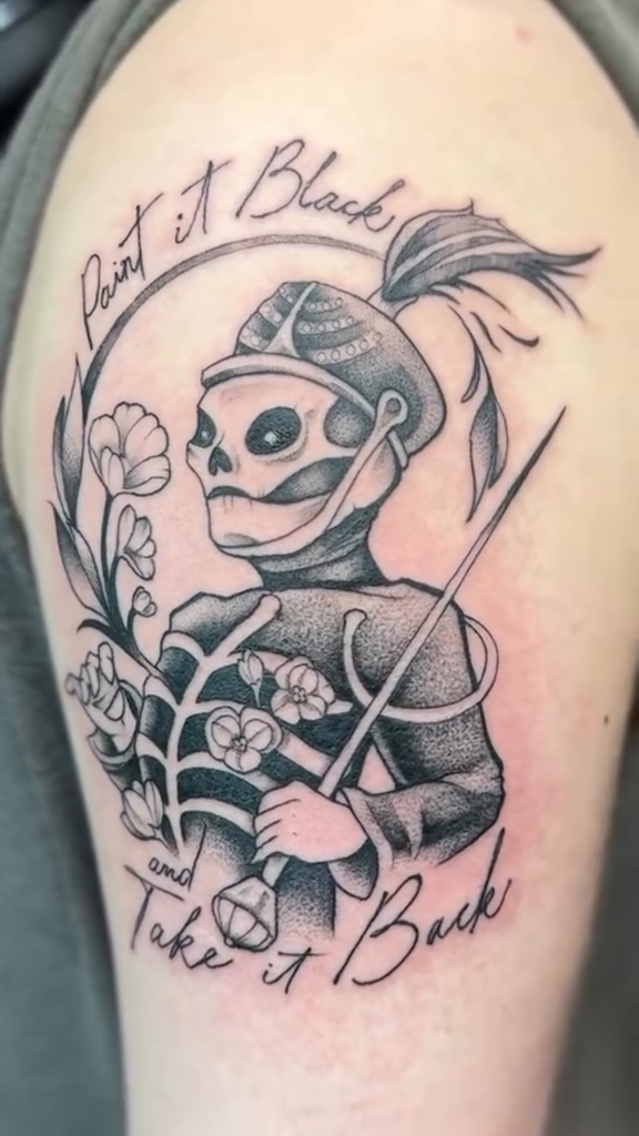 Tattoo by @rebecca.rose.tattoos — black_and_grey, lettering_script
