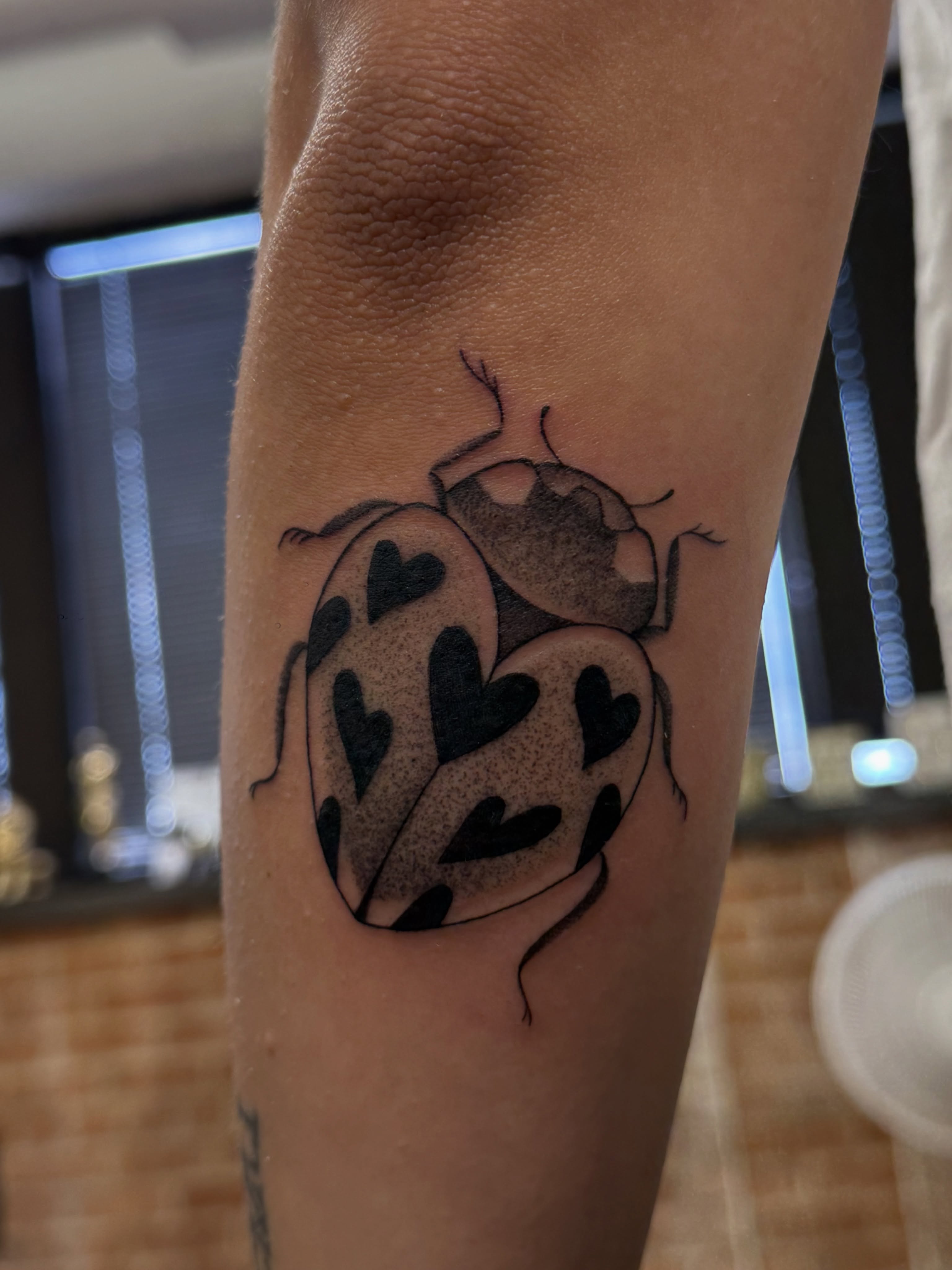 Ladybug dotwork tattoo on the forearm by Royal Martinez