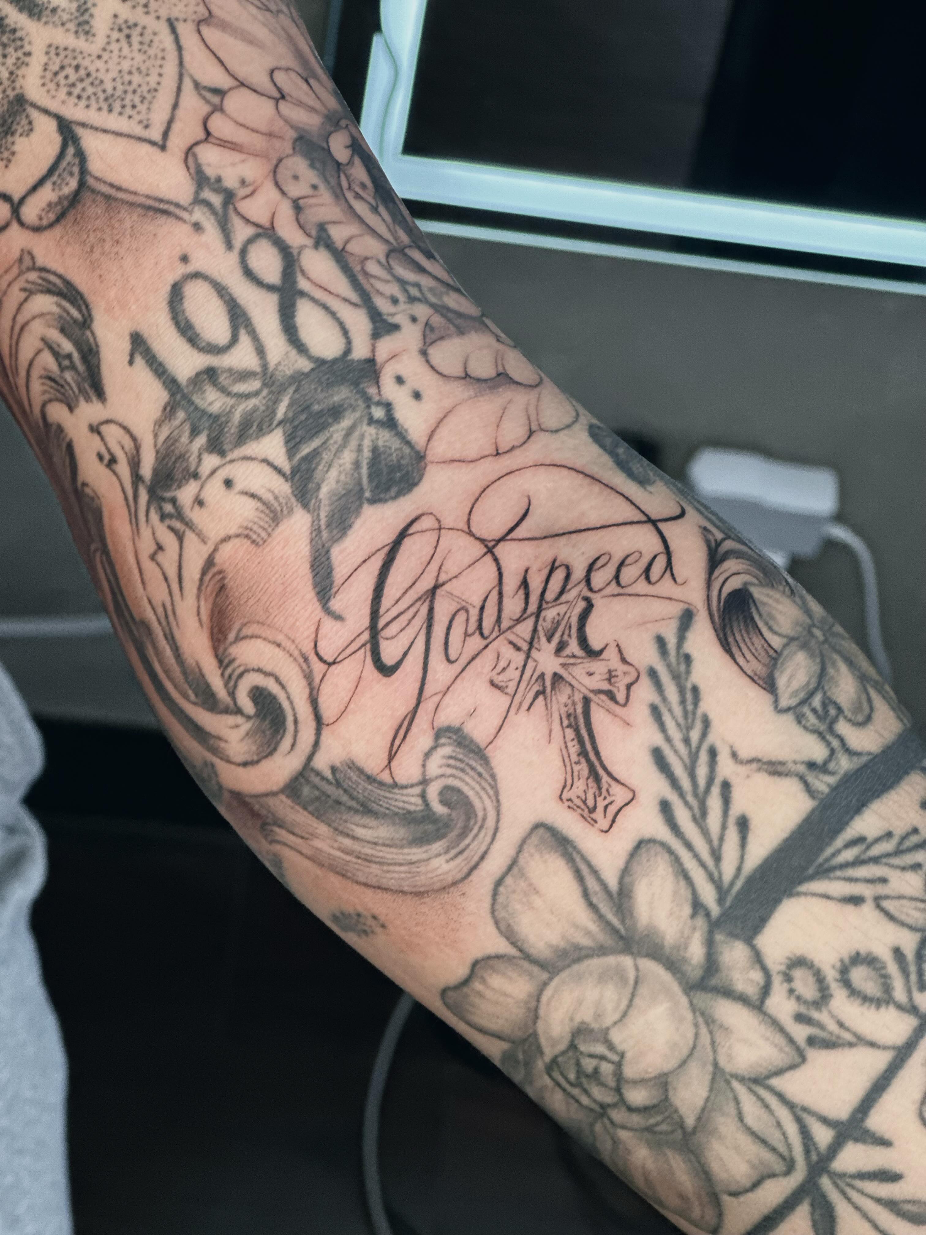 Godspeed American traditional tattoo on the forearm by Liv