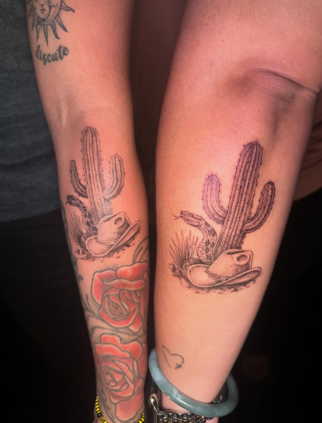 Cactus, snake, and cowboy hat fine line tattoo on the forearm by Jackyyyyyy - Tattoo Artist 🖤